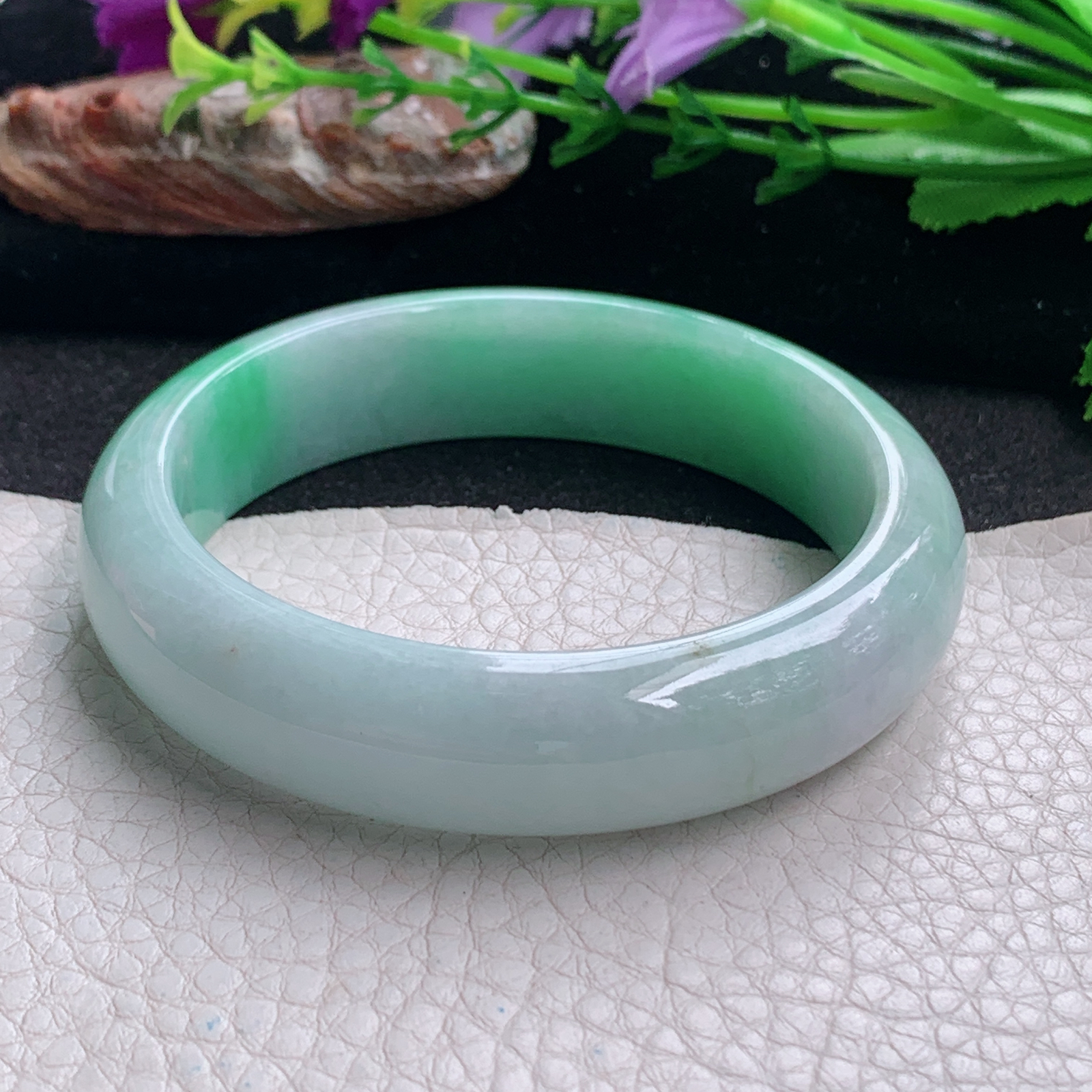 ee实拍57*14.3*7.8平安镯 天然缅甸翡翠a货手镯飘绿水润正圈玉镯子