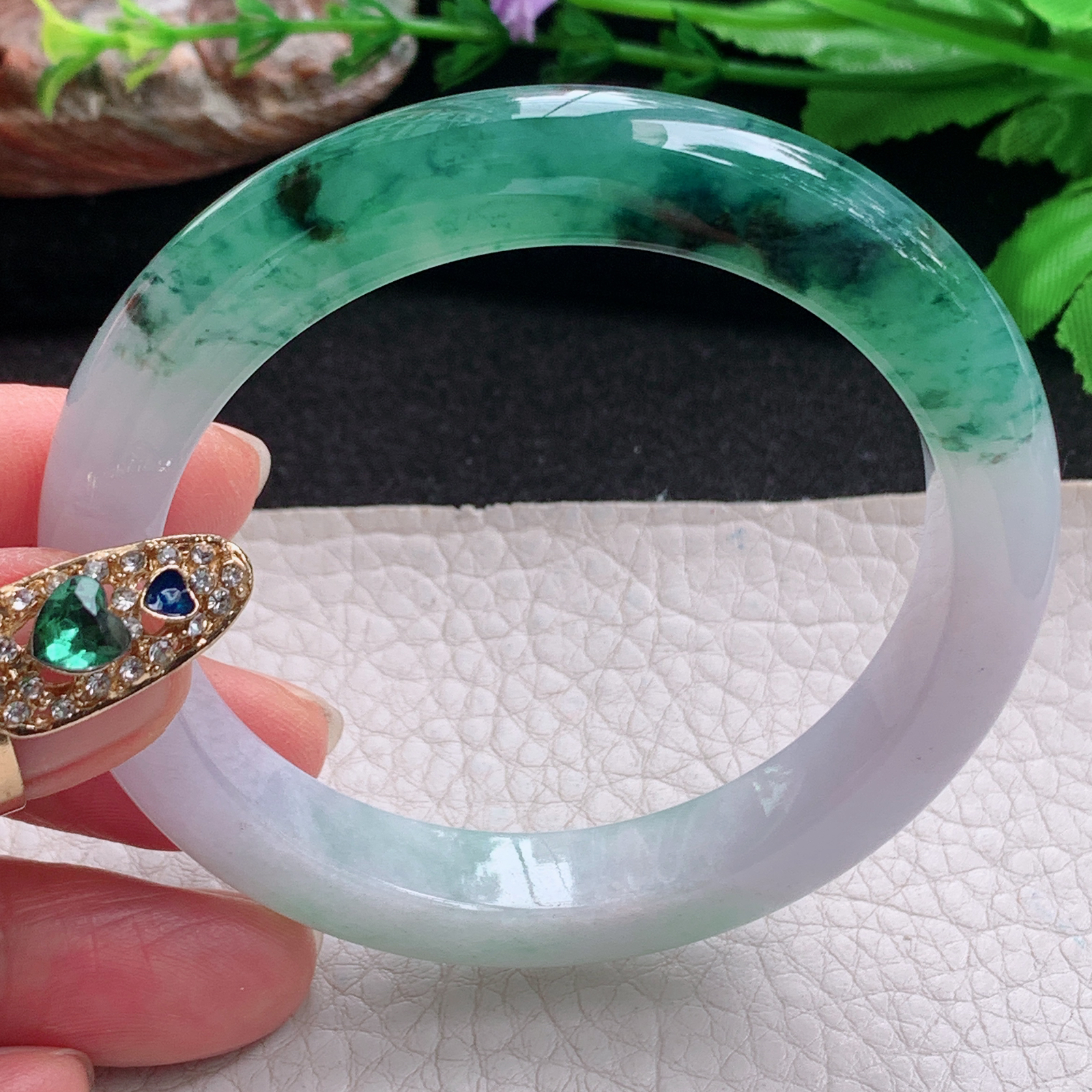 xc招财款54.5*10*8.5平安镯 天然缅甸翡翠a货手镯冰润双彩正圈玉镯子