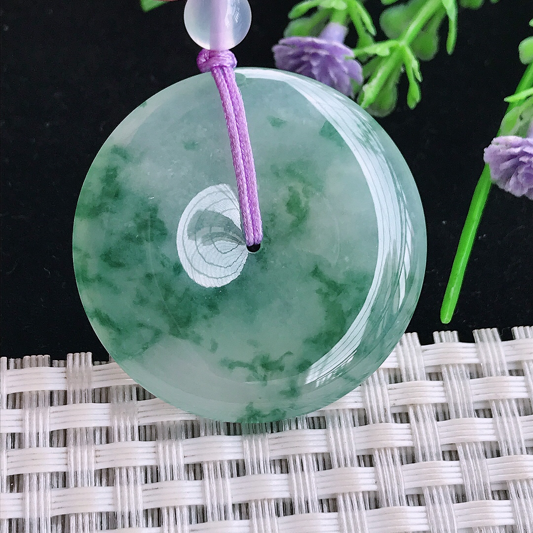 实拍A货翡翠34.3/5.6老坑冰胶水灵冰飘花平安扣吊坠翡翠玉挂件