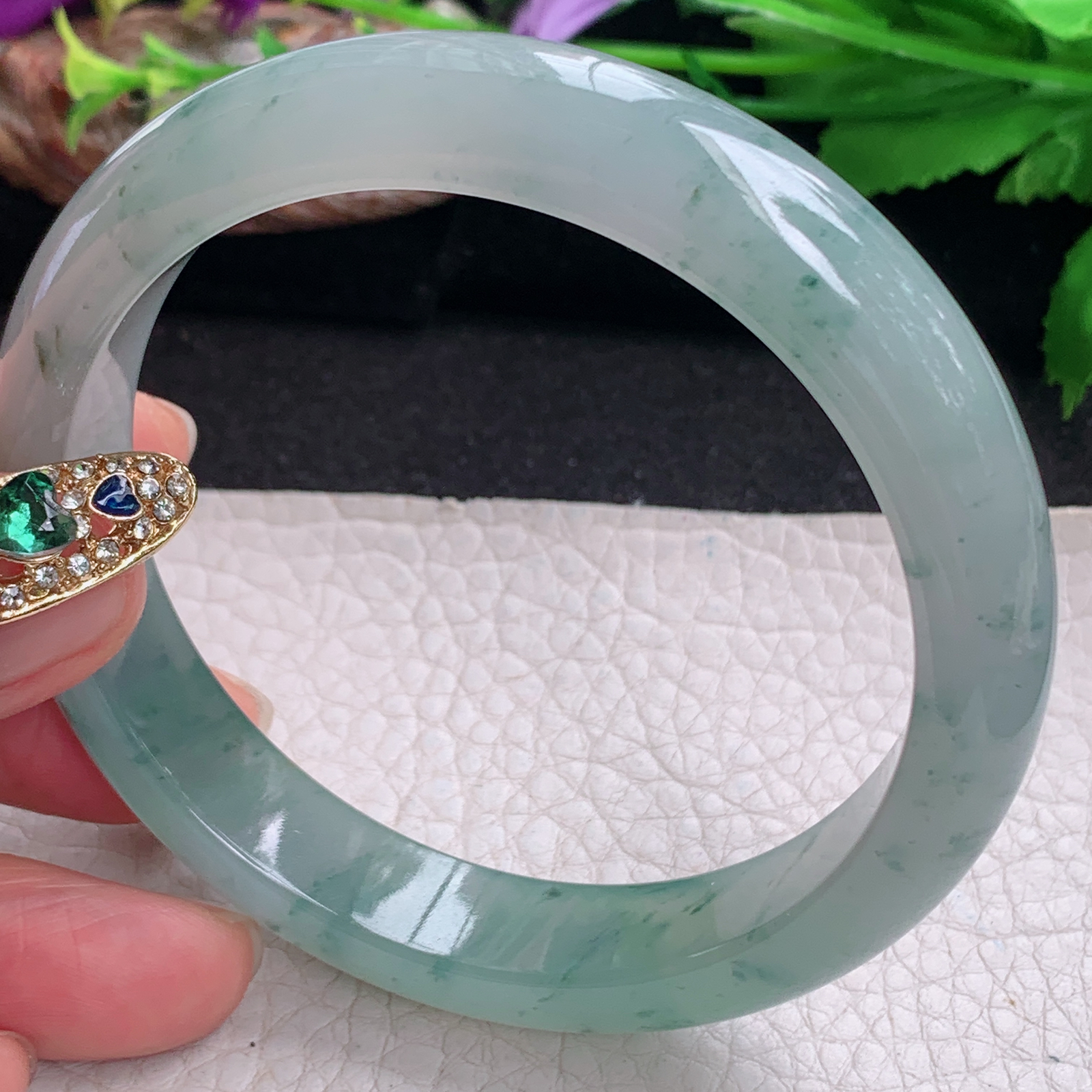 ax大圈口61*12.6*8.5平安镯 天然翡翠a货手镯冰飘花大气正圈玉镯子