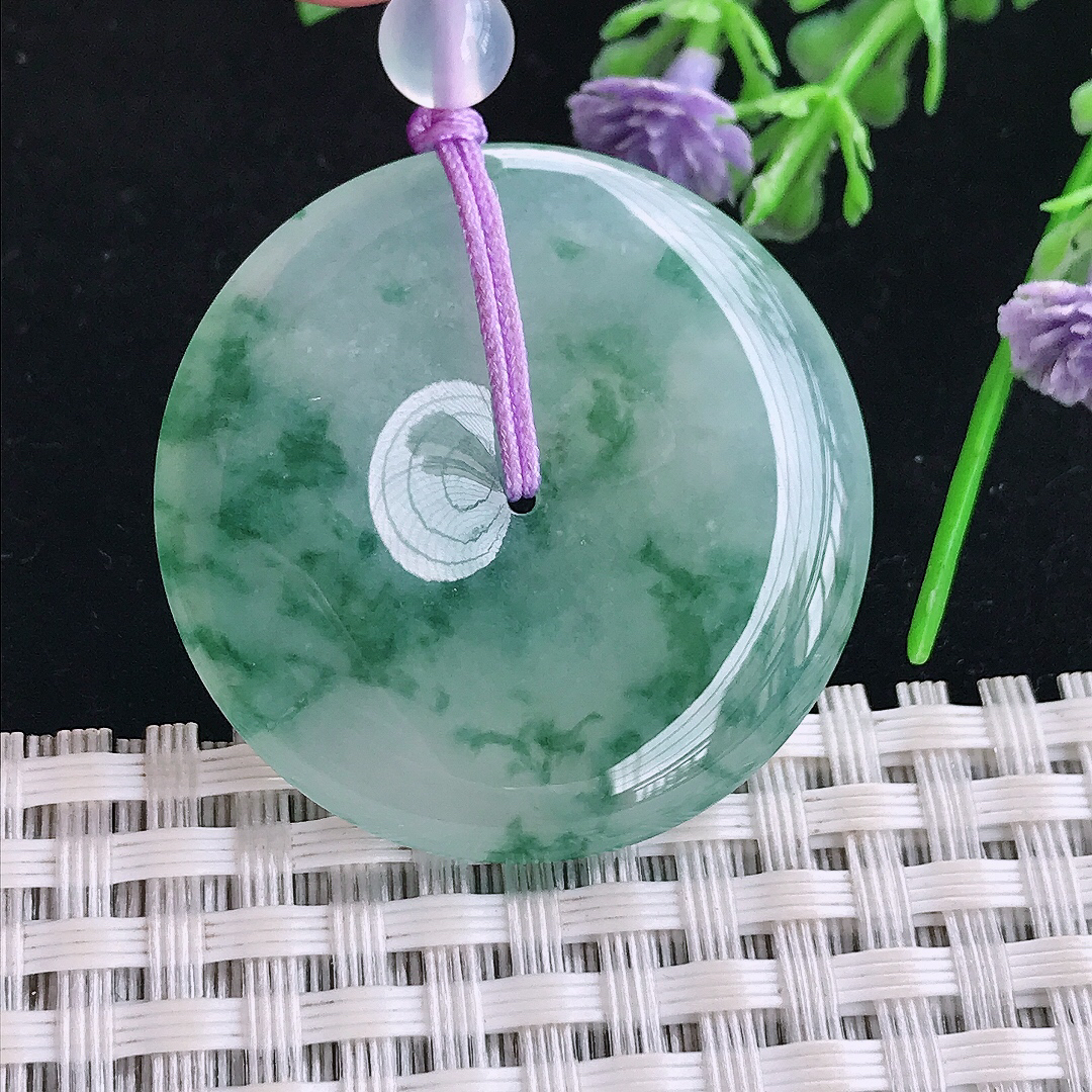 实拍A货翡翠34.3/5.6老坑冰胶水灵冰飘花平安扣吊坠翡翠玉挂件