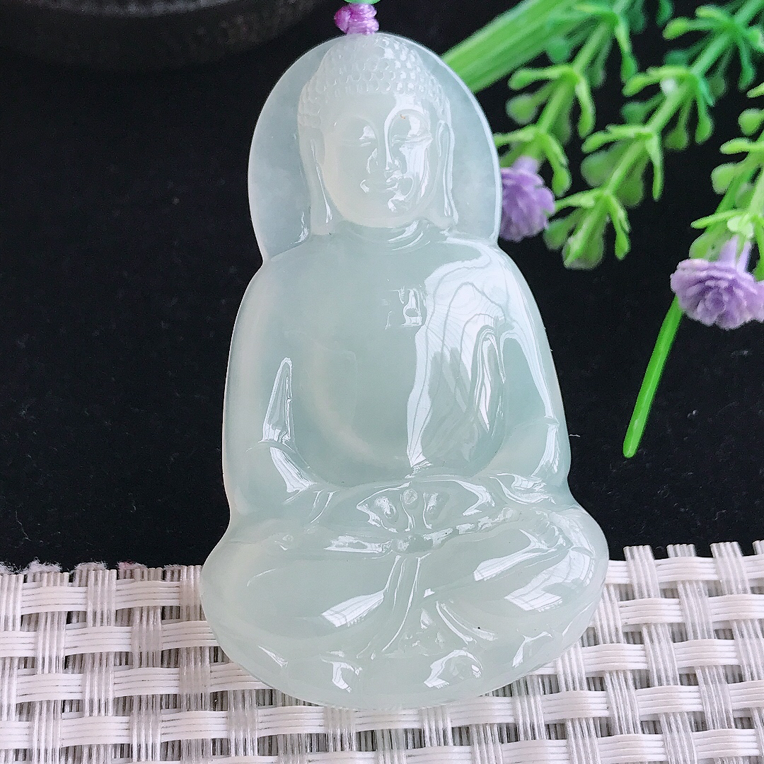 实拍A货翡翠58.5/36/5.8老坑冰纯起胶冰晴大日如来佛祖吊坠翡翠玉挂件