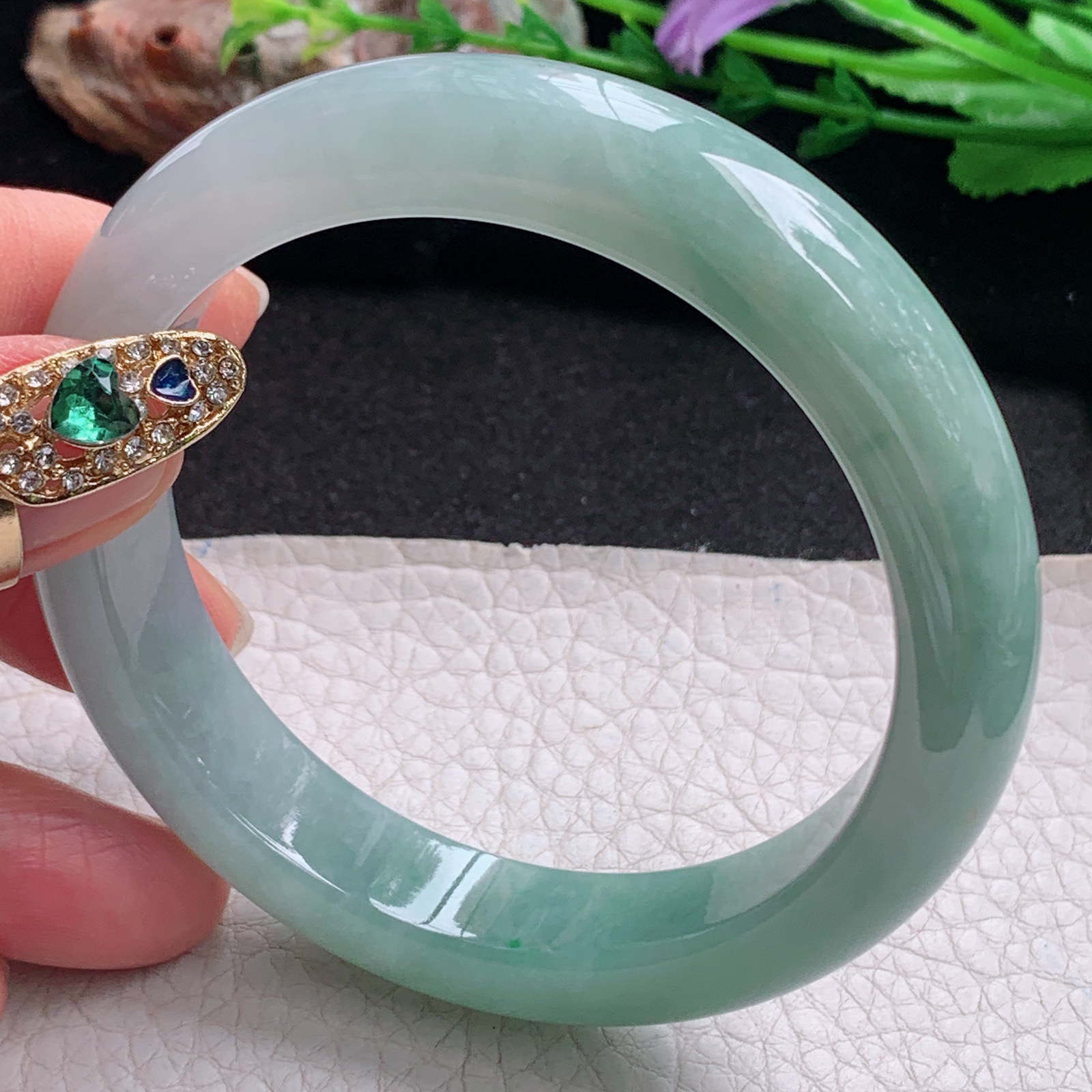 ym实拍59.5*12.5*9.2招财镯 天然缅甸翡翠a货手镯半山水正圈玉镯子