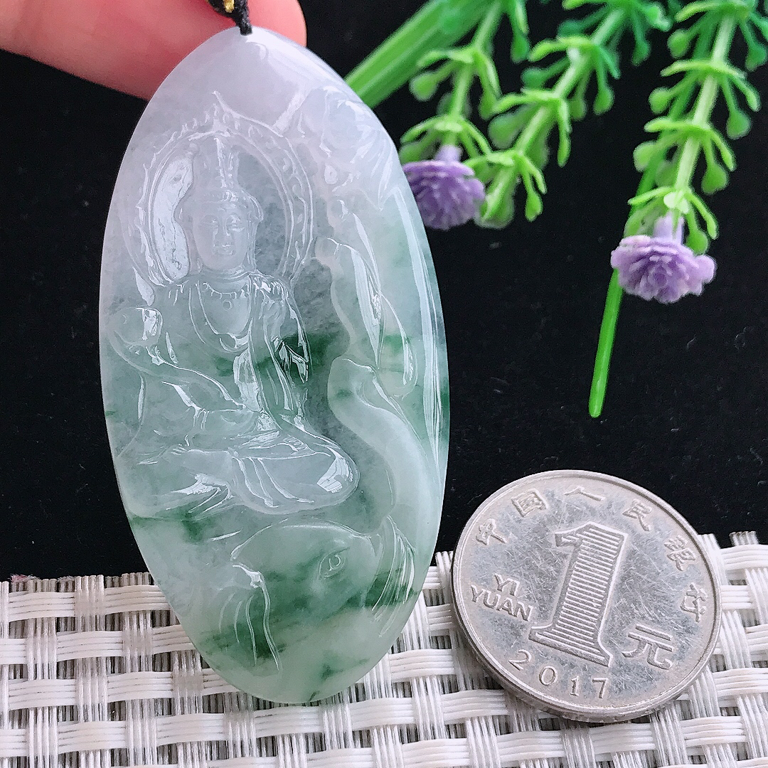 实拍A货翡翠60/30.8/5老坑冰胶冰飘花普贤菩萨吊坠翡翠玉挂件
