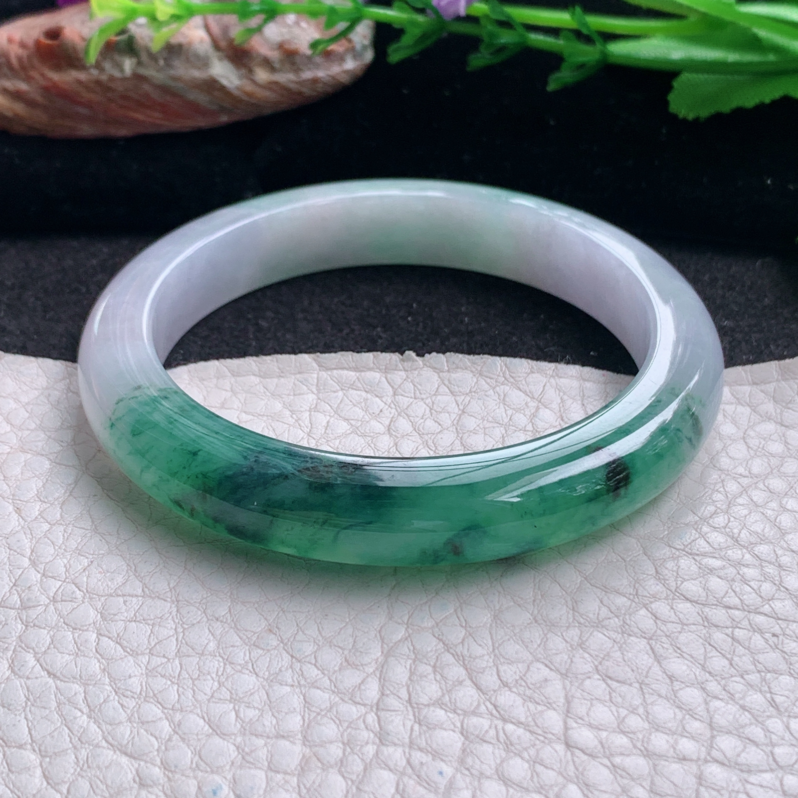 xc招财款54.5*10*8.5平安镯 天然缅甸翡翠a货手镯冰润双彩正圈玉镯子