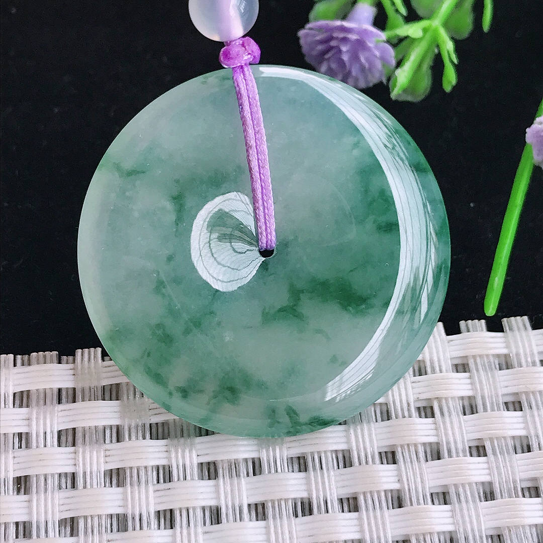 实拍A货翡翠34.3/5.6老坑冰胶水灵冰飘花平安扣吊坠翡翠玉挂件