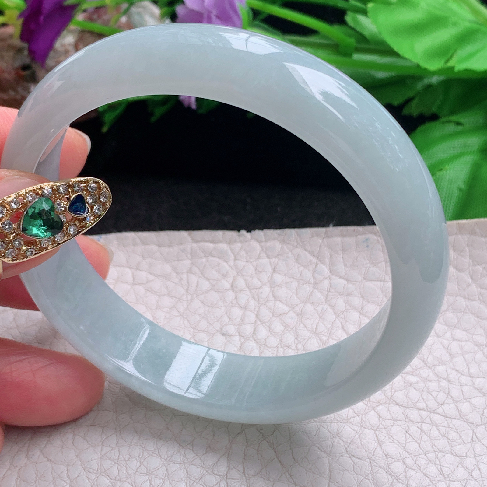 nr实拍58*14*7.6平安镯 天然缅甸翡翠a货手镯冰润浅绿正圈玉镯子