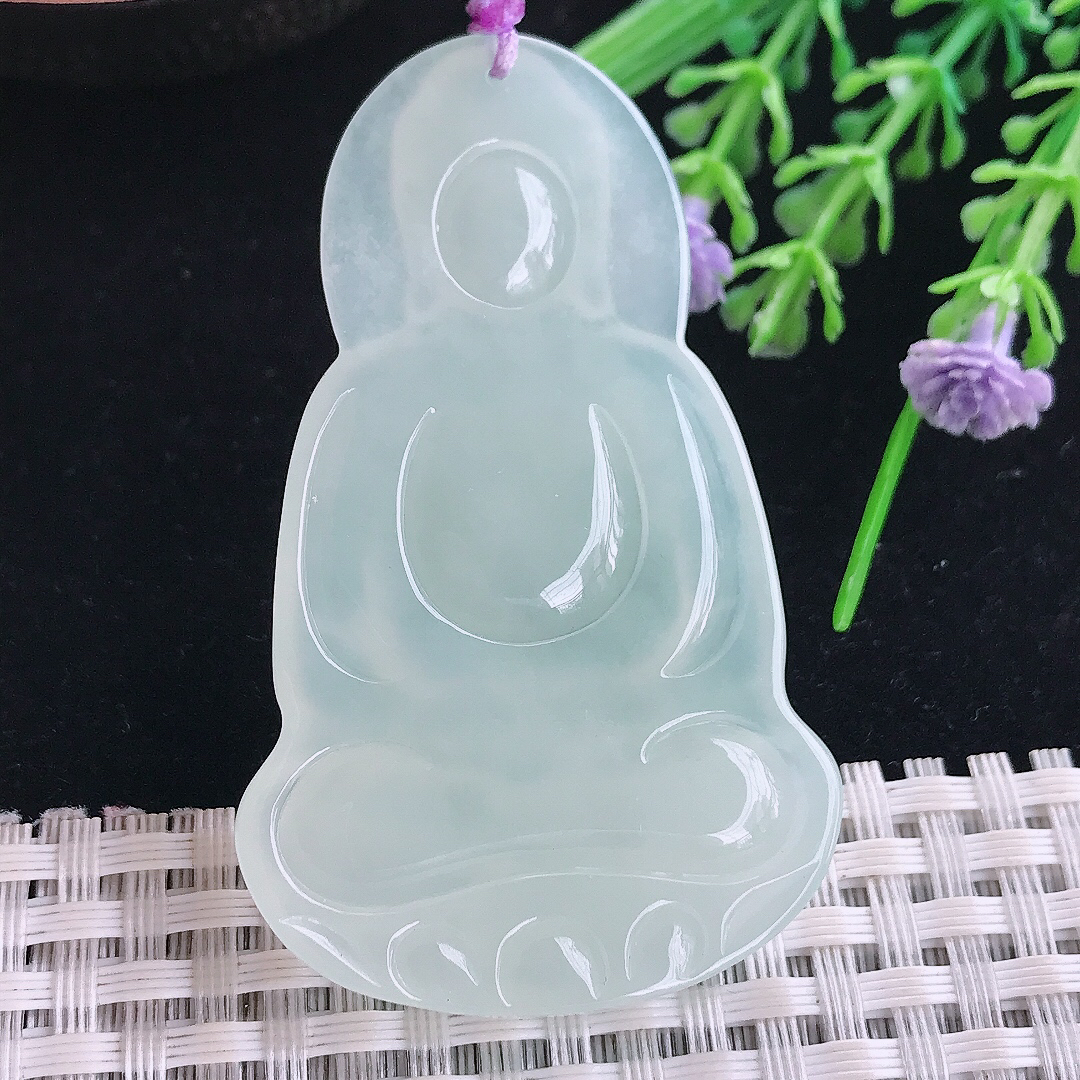 实拍A货翡翠58.5/36/5.8老坑冰纯起胶冰晴大日如来佛祖吊坠翡翠玉挂件