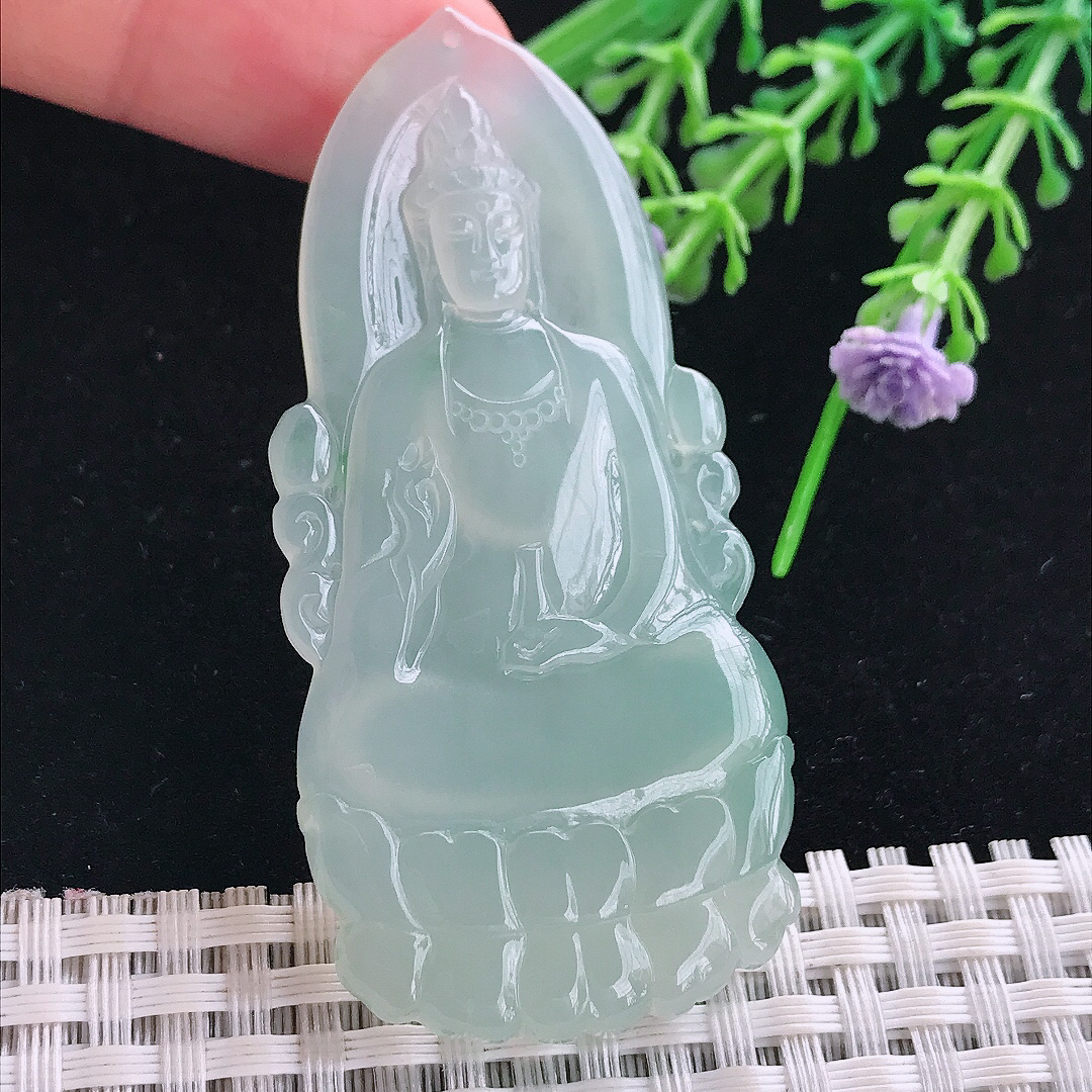 实拍A货翡翠65/30.8/5.3老坑冰胶冰晴绿素衣观音吊坠翡翠玉挂件