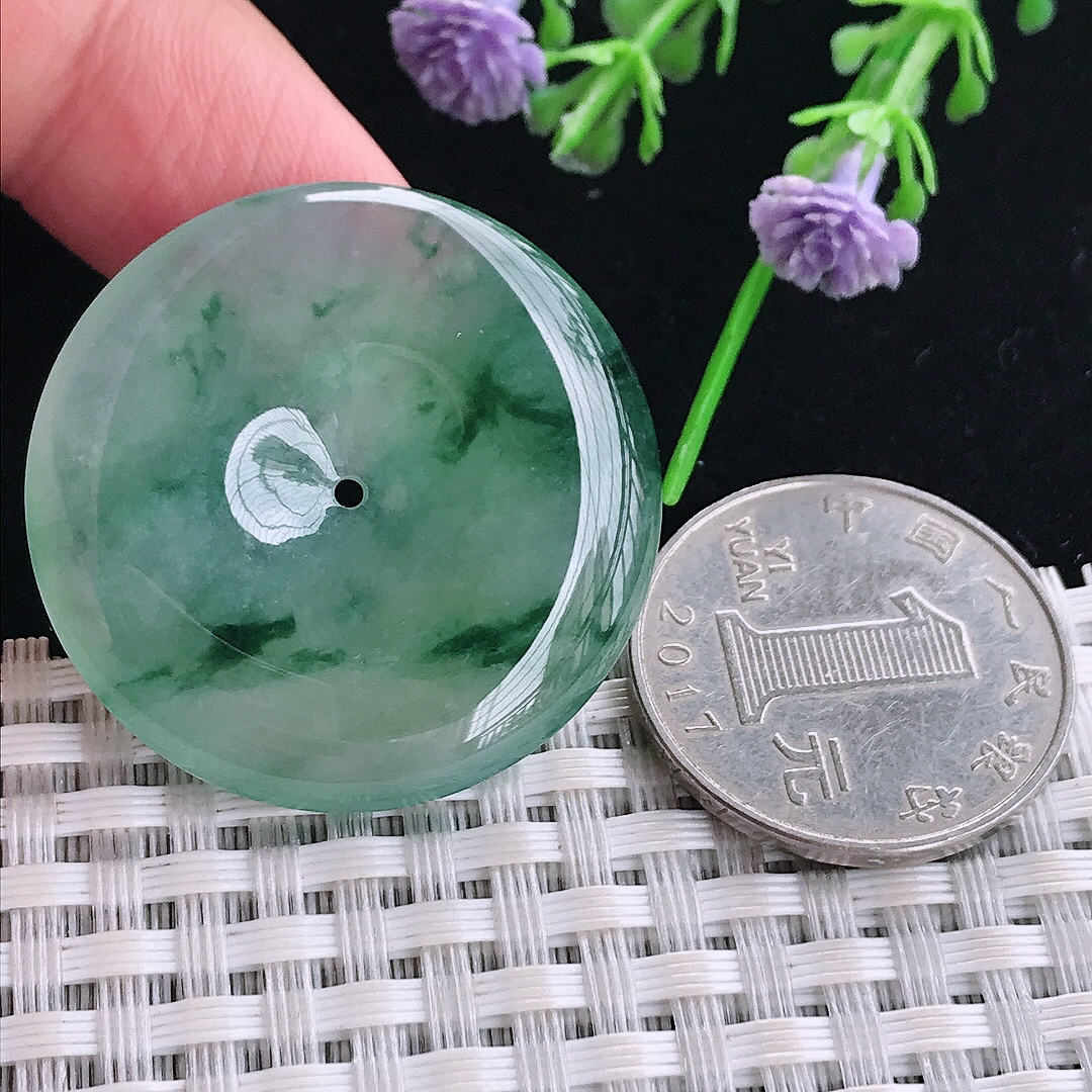 实拍A货翡翠34/5.6老坑冰种起胶冰飘花平安扣吊坠翡翠玉扣挂件