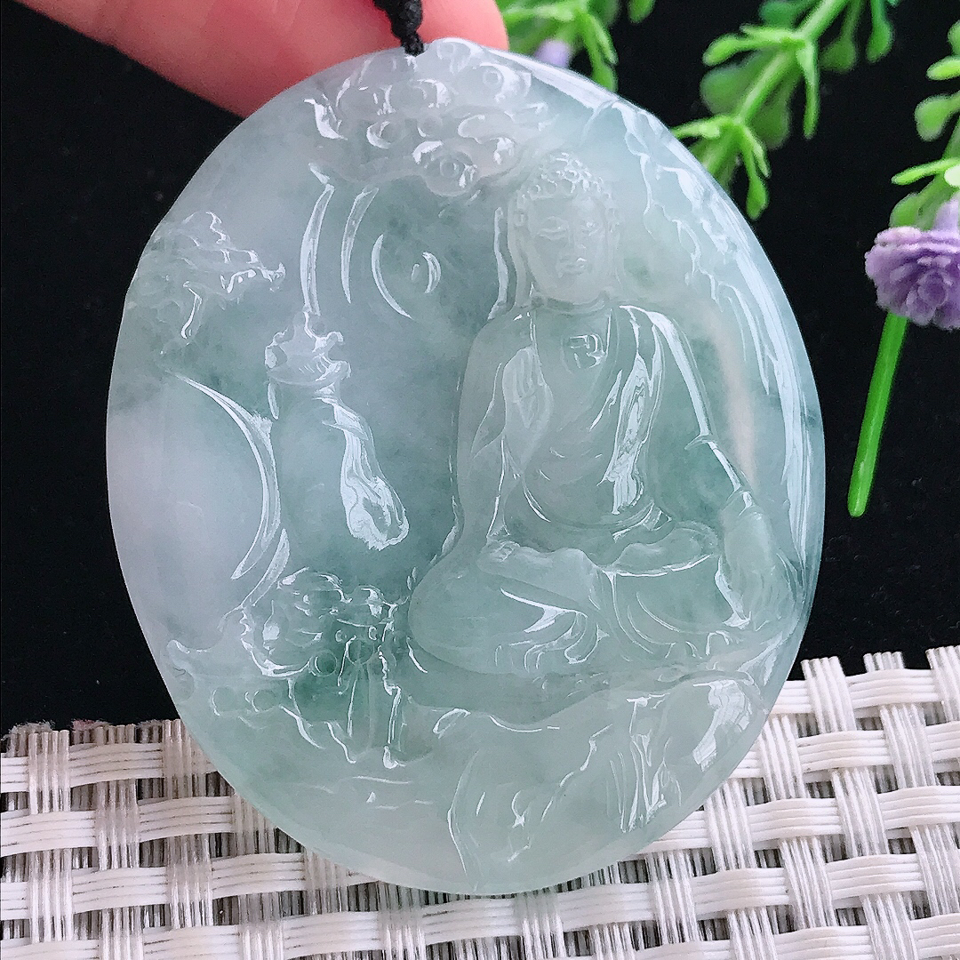 实拍A货翡翠52/44.2/5.8老坑冰胶果冻飘花阿弥陀佛吊坠翡翠玉挂件