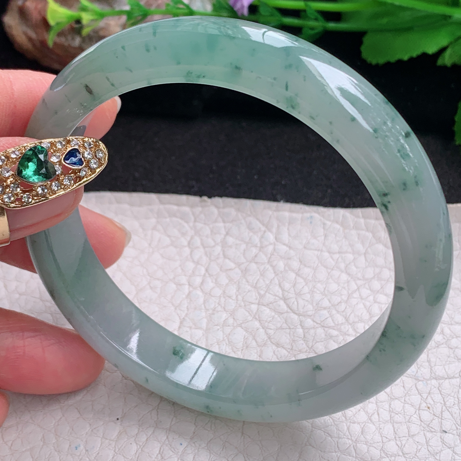 ax大圈口61*12.6*8.5平安镯 天然翡翠a货手镯冰飘花大气正圈玉镯子