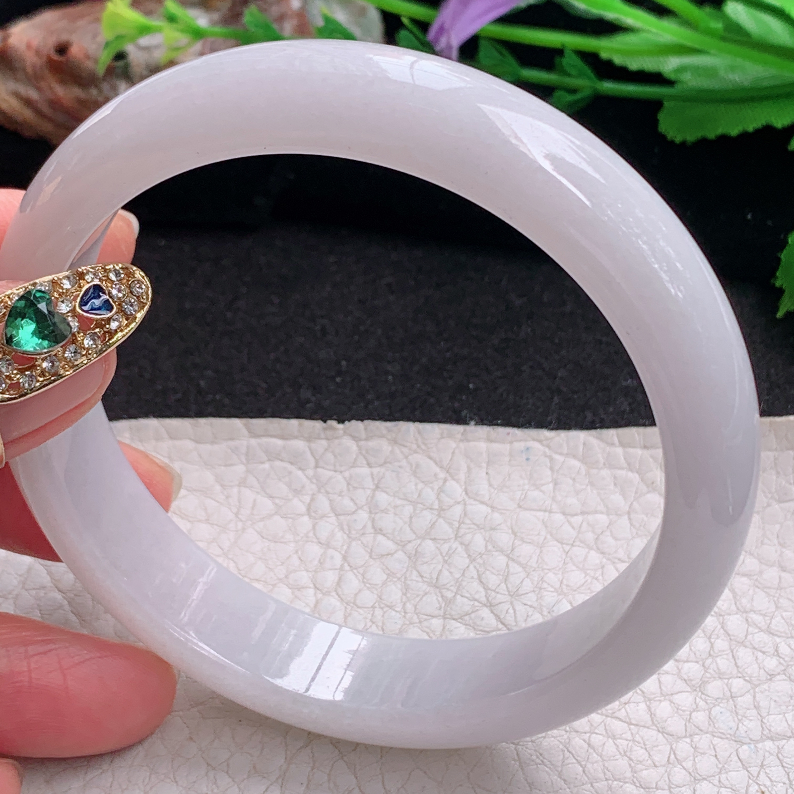 pj大圈口63*14*8平安镯 天然缅甸翡翠a货手镯淡紫水润正圈玉镯子