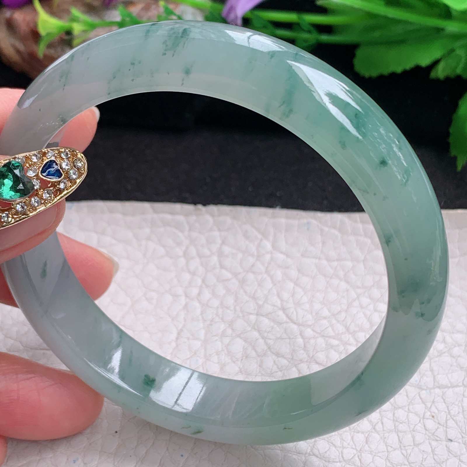 ax大圈口61*12.6*8.5平安镯 天然翡翠a货手镯冰飘花大气正圈玉镯子