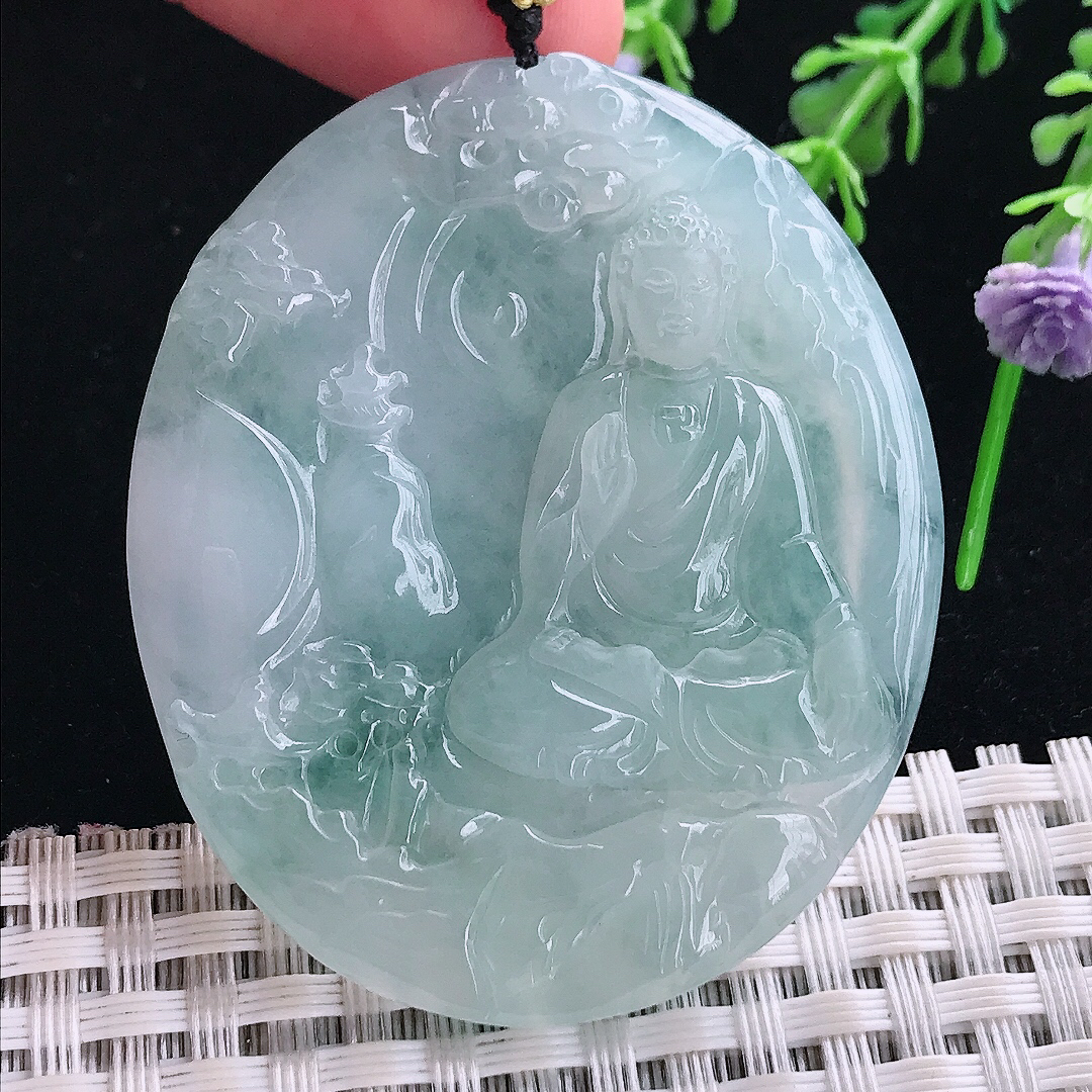 实拍A货翡翠52/44.2/5.8老坑冰胶果冻飘花阿弥陀佛吊坠翡翠玉挂件