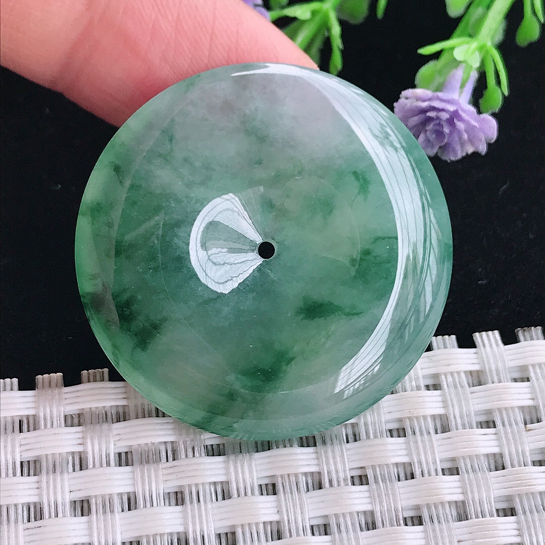 实拍A货翡翠34/5.6老坑冰种起胶冰飘花平安扣吊坠翡翠玉扣挂件