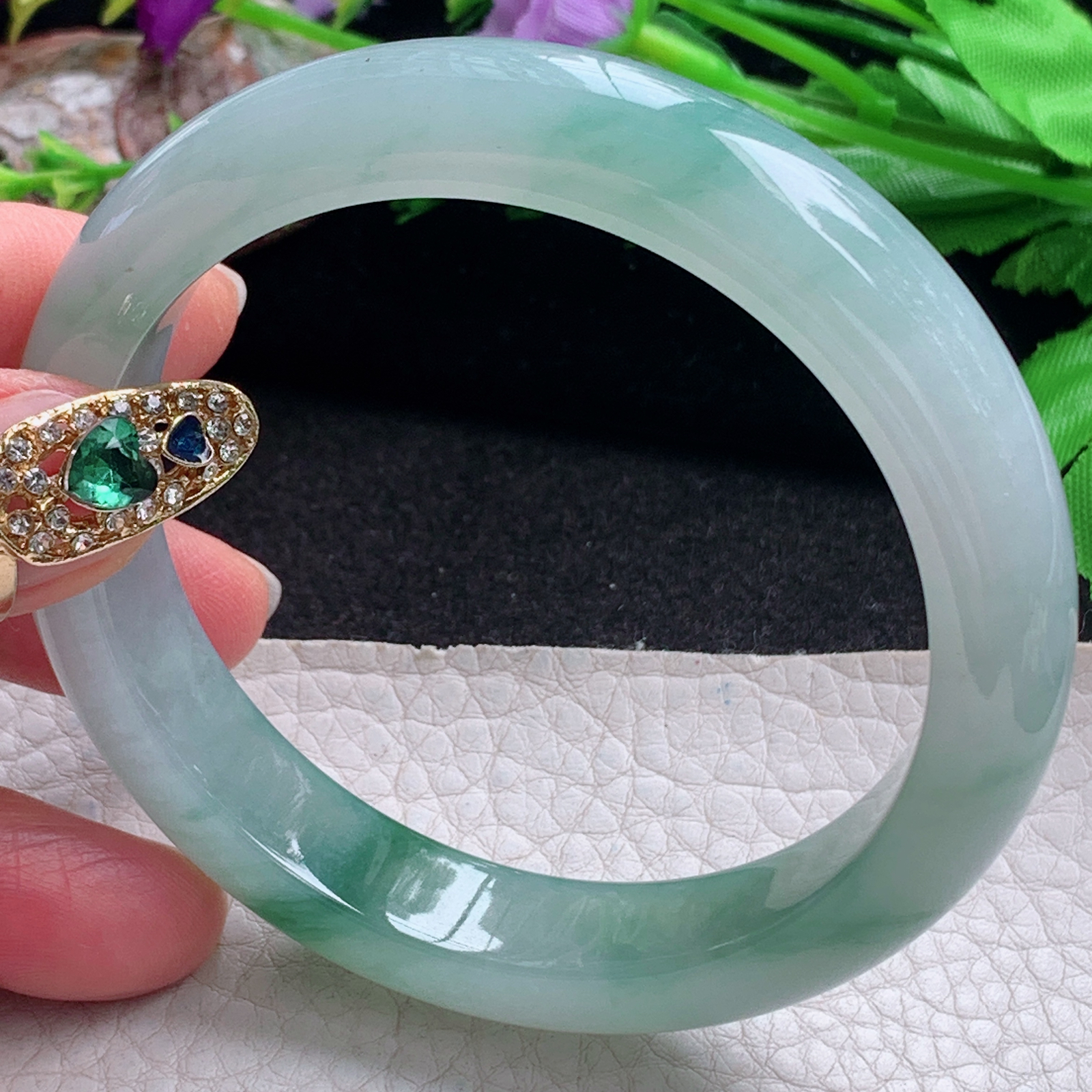 fx飘逸款58.5*12.3*8.2平安镯 天然缅甸翡翠a货手镯冰胶飘花正圈玉镯子