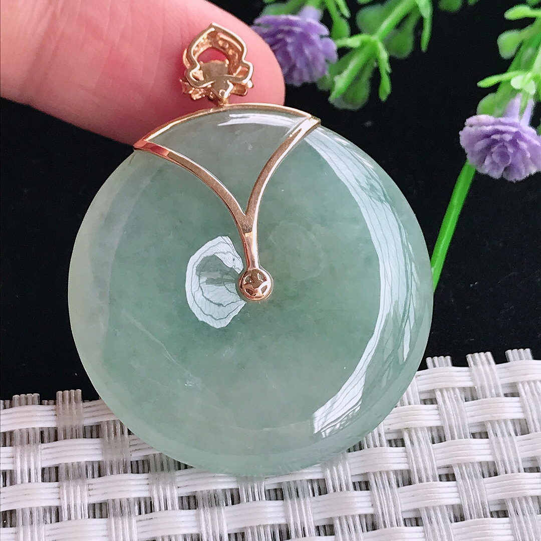 实拍A货翡翠35/6.5老坑18k金镶嵌冰晴绿平安扣吊坠翡翠玉扣挂件