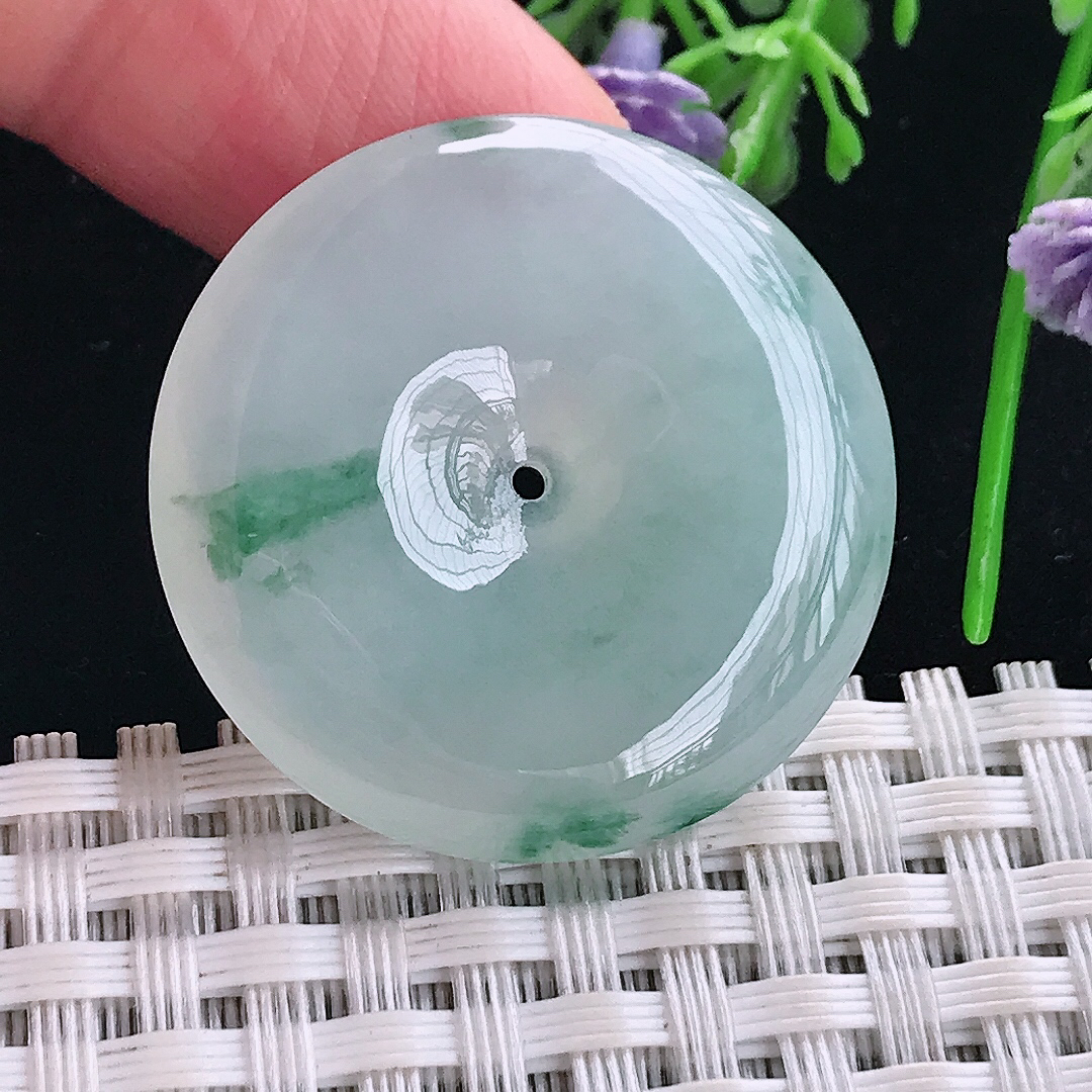 实拍A货翡翠30.3/6.1老坑冰胶果冻冰飘花平安扣吊坠翡翠玉挂件