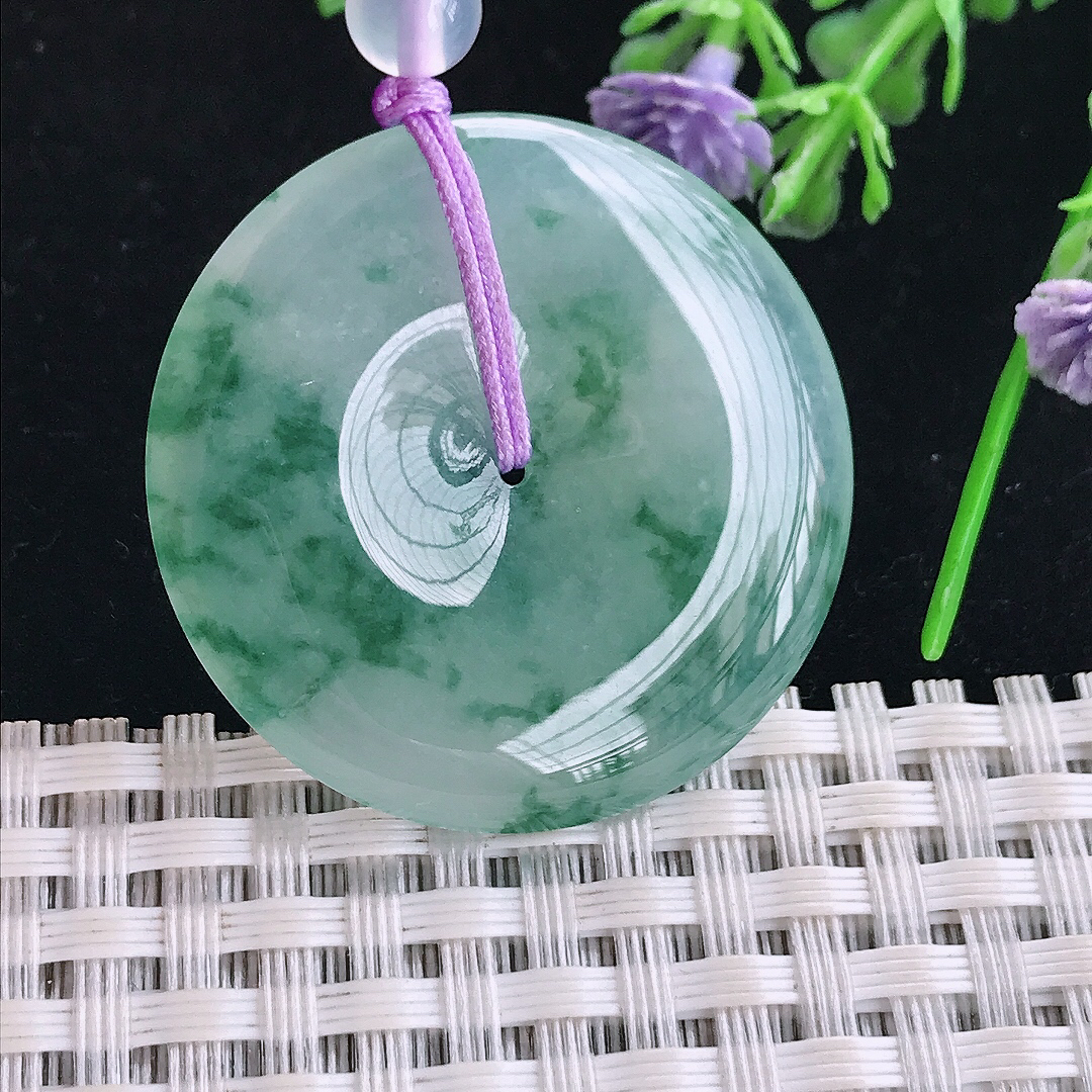 实拍A货翡翠34.3/5.6老坑冰胶水灵冰飘花平安扣吊坠翡翠玉挂件