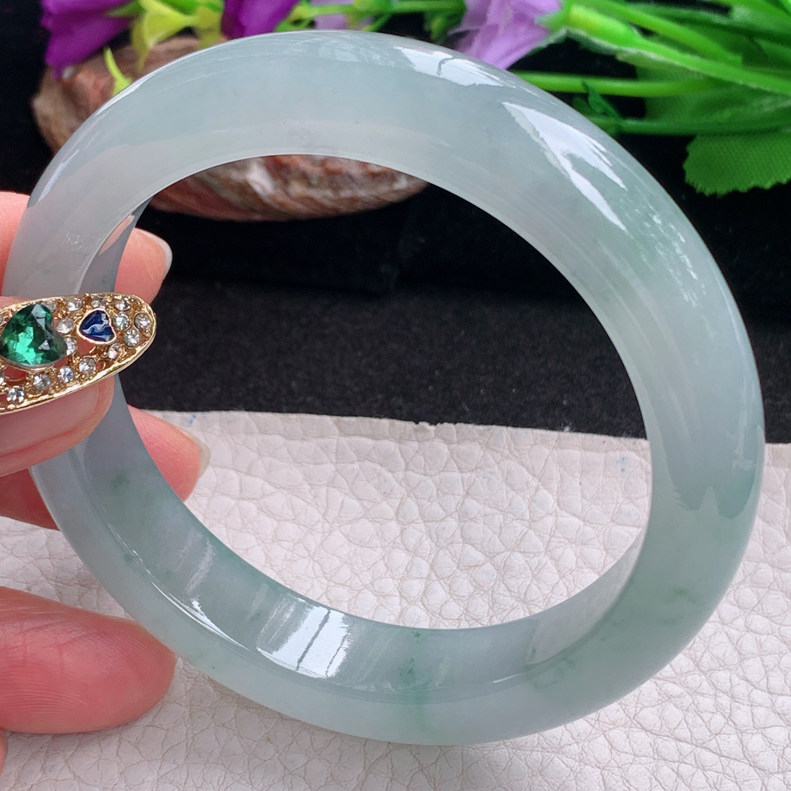 ax实拍58.5*12.9*9平安镯 天然翡翠a货手镯冰飘花厚装正圈玉镯子