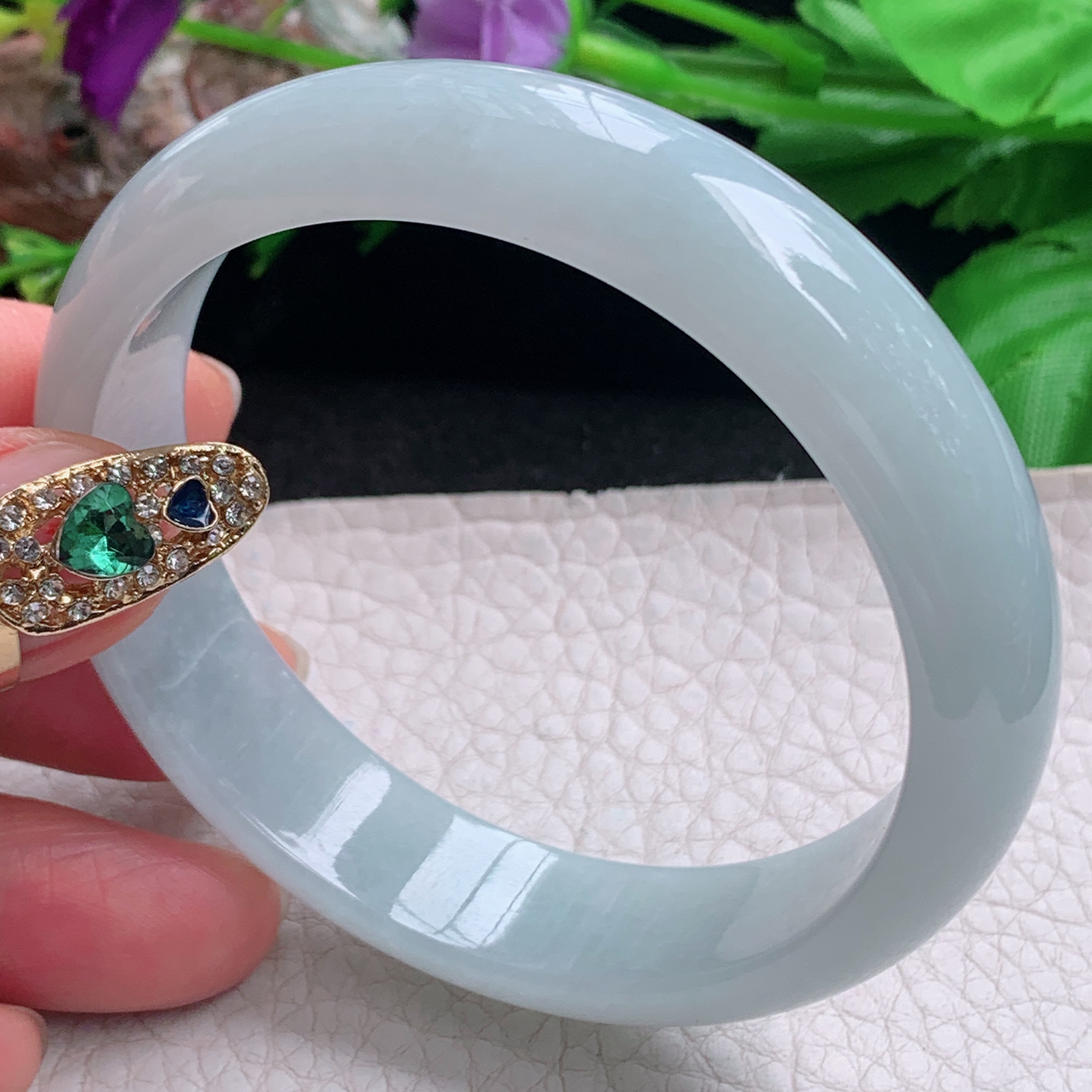 nr实拍58*14*7.6平安镯 天然缅甸翡翠a货手镯冰润浅绿正圈玉镯子