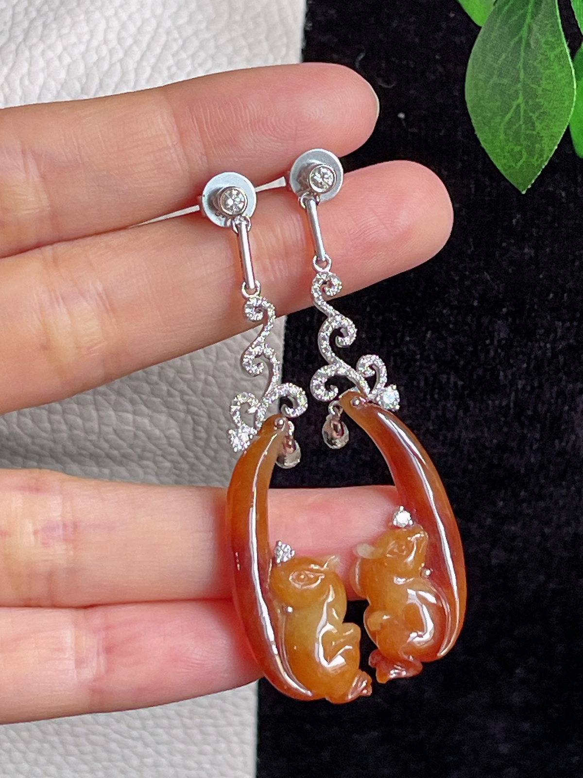 18k金天然红翡松鼠️耳坠