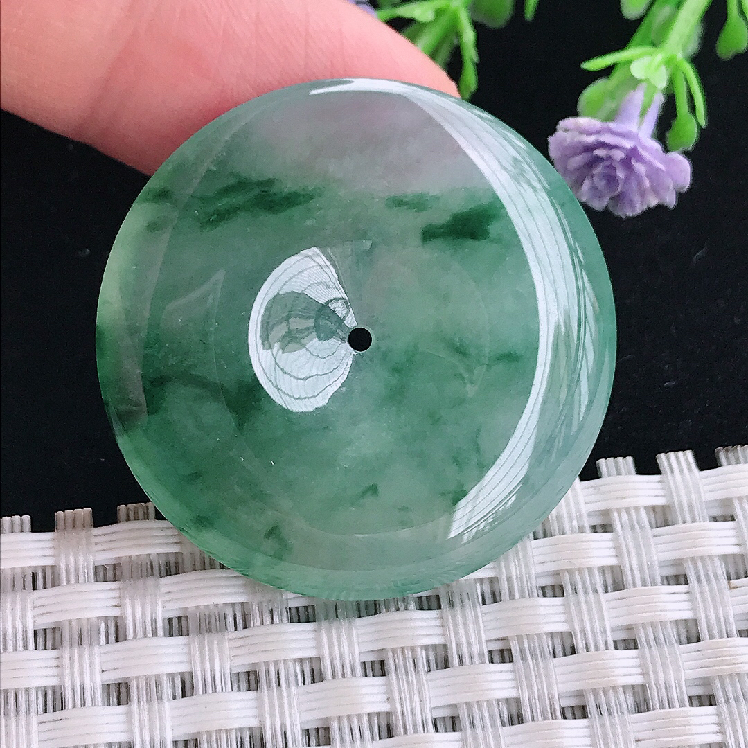 实拍A货翡翠34/5.6老坑冰种起胶冰飘花平安扣吊坠翡翠玉扣挂件