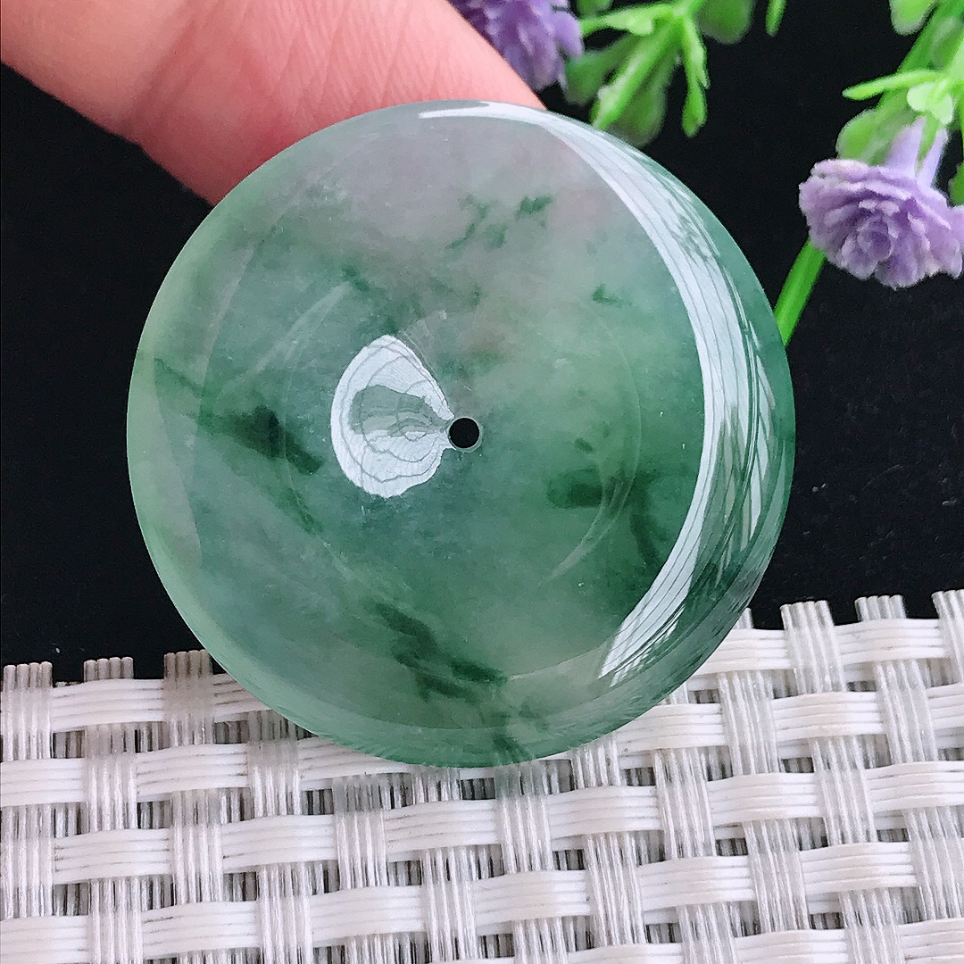 实拍A货翡翠34/5.6老坑冰种起胶冰飘花平安扣吊坠翡翠玉扣挂件