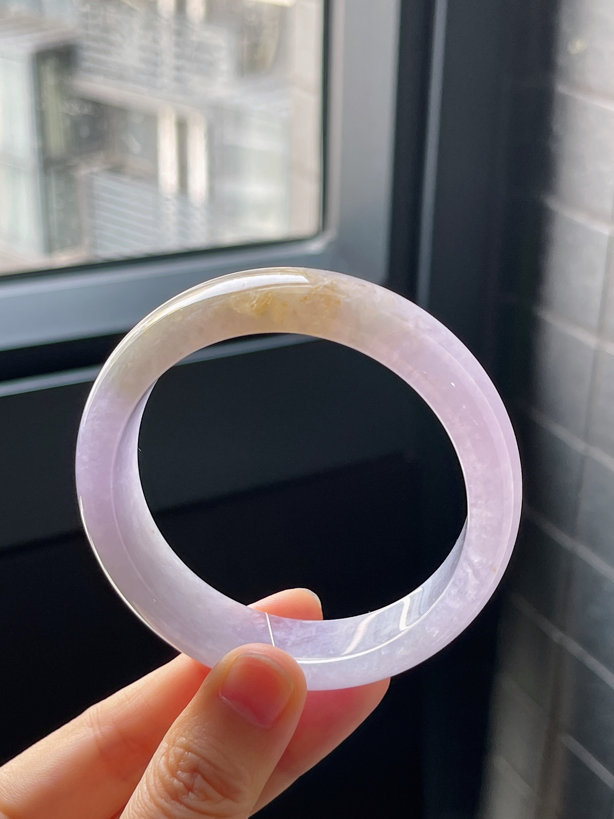 正圈55.7圈口，翡翠冰糯种紫底飘黄翡手镯