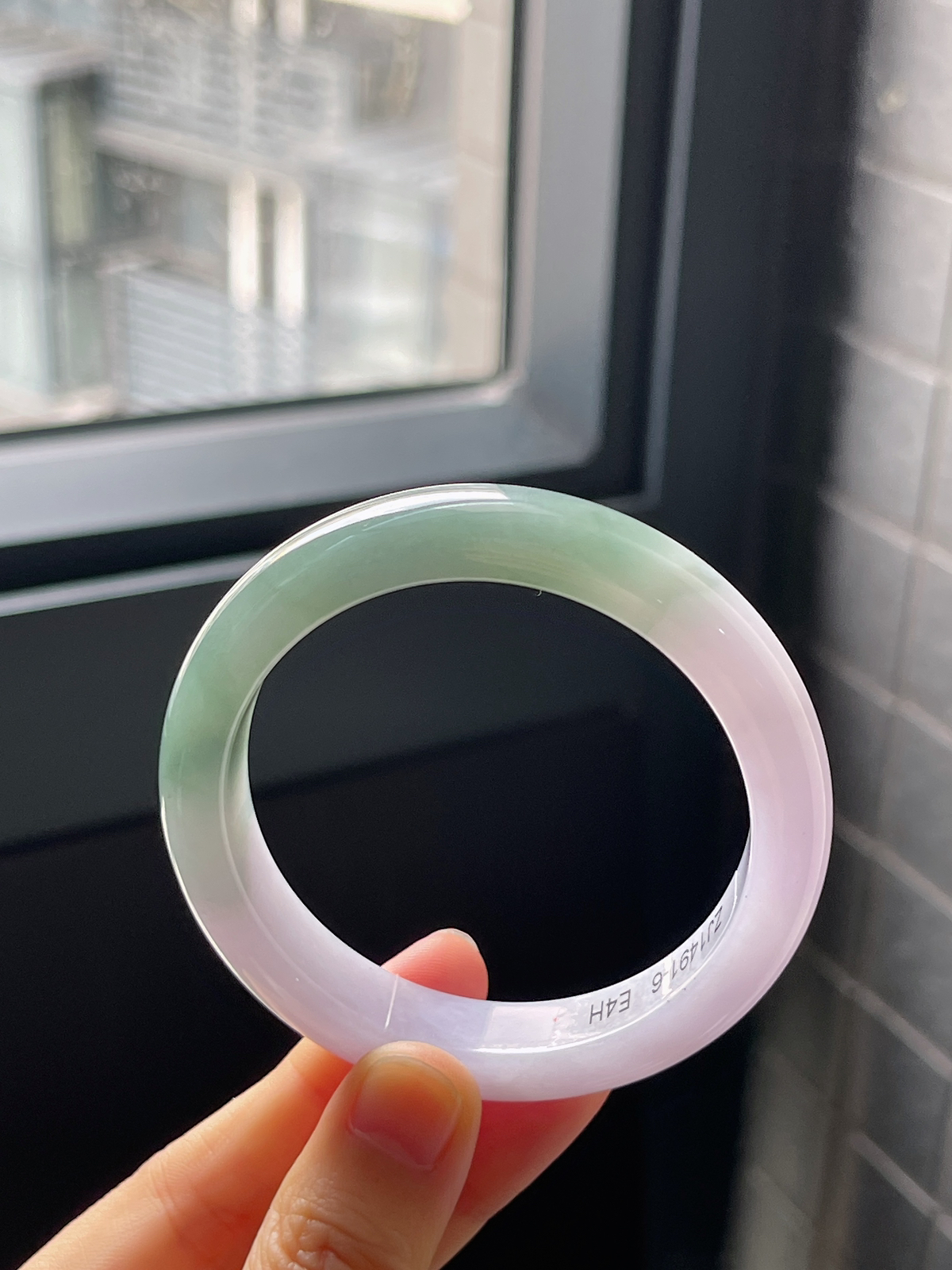 正圈53.4圈口，翡翠冰糯种灰绿色春带彩手镯