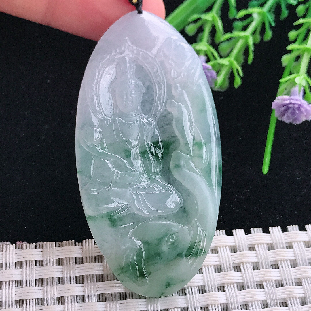 实拍A货翡翠60/30.8/5老坑冰胶冰飘花普贤菩萨吊坠翡翠玉挂件