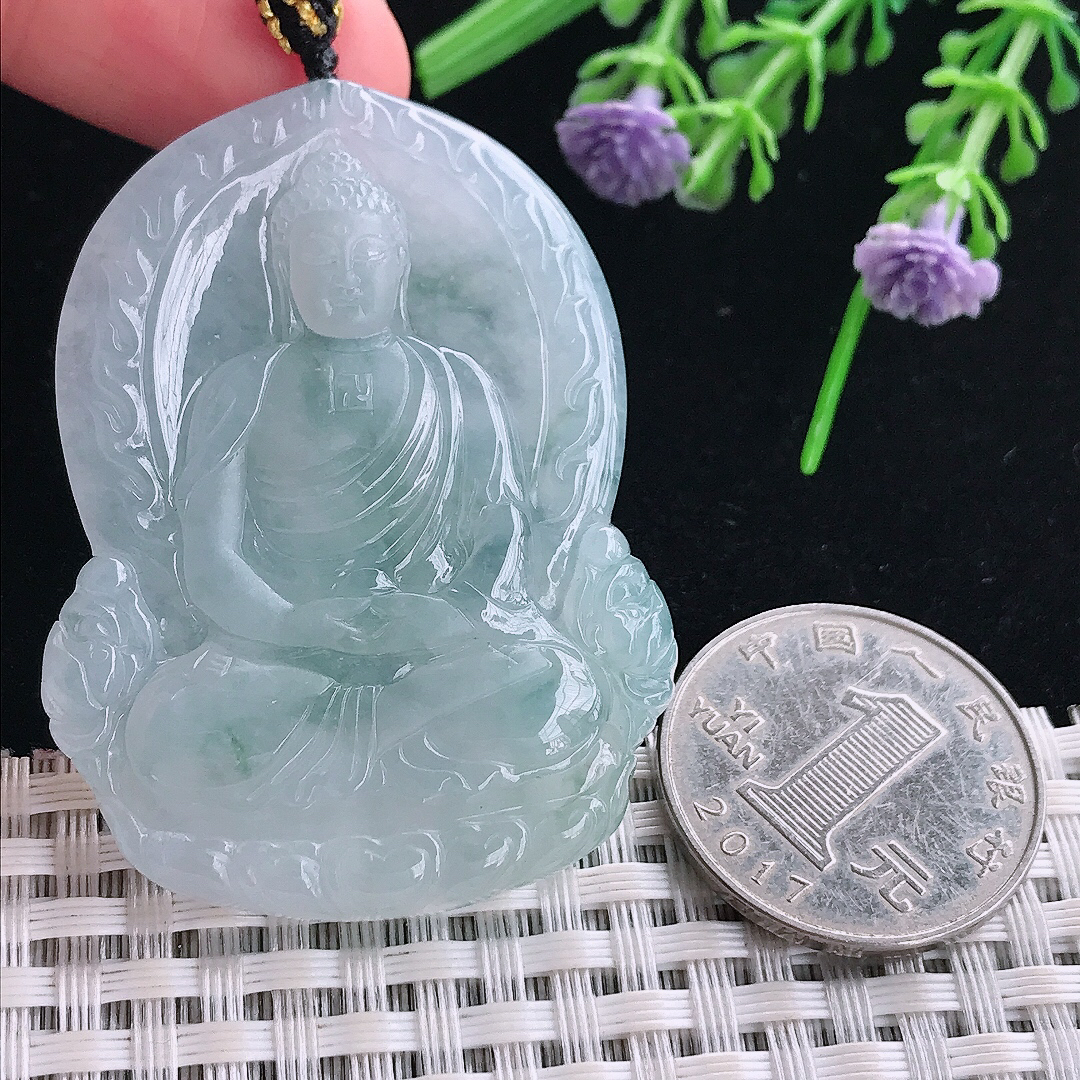 实拍A货翡翠51.5/38.5/5.6老坑冰透起胶飘花大日如来佛祖吊坠翡翠玉挂件