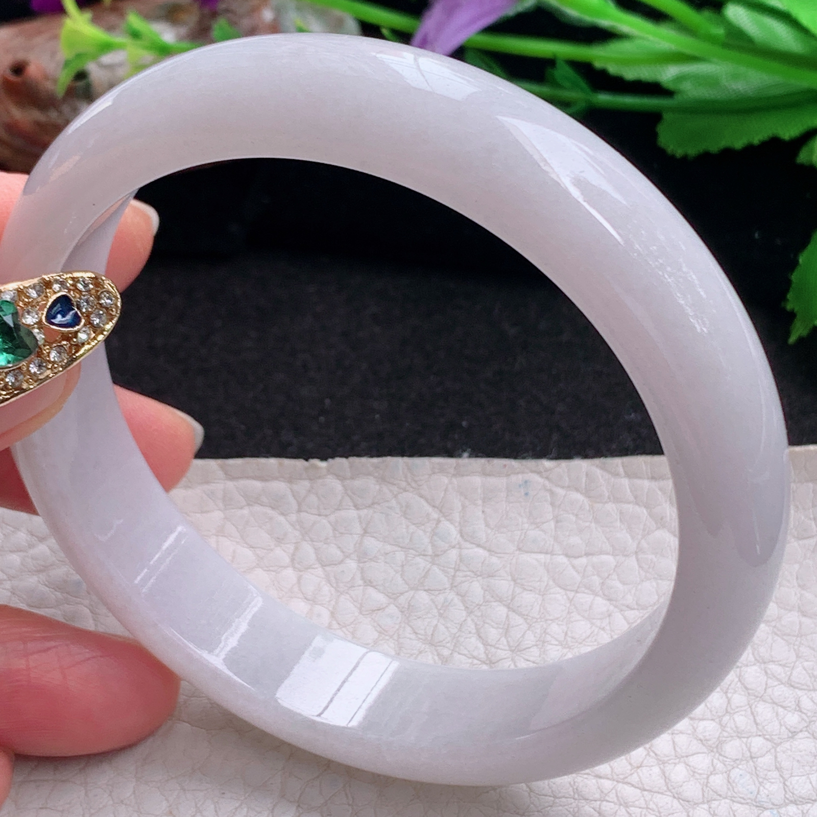 pj大圈口63*14*8平安镯 天然缅甸翡翠a货手镯淡紫水润正圈玉镯子