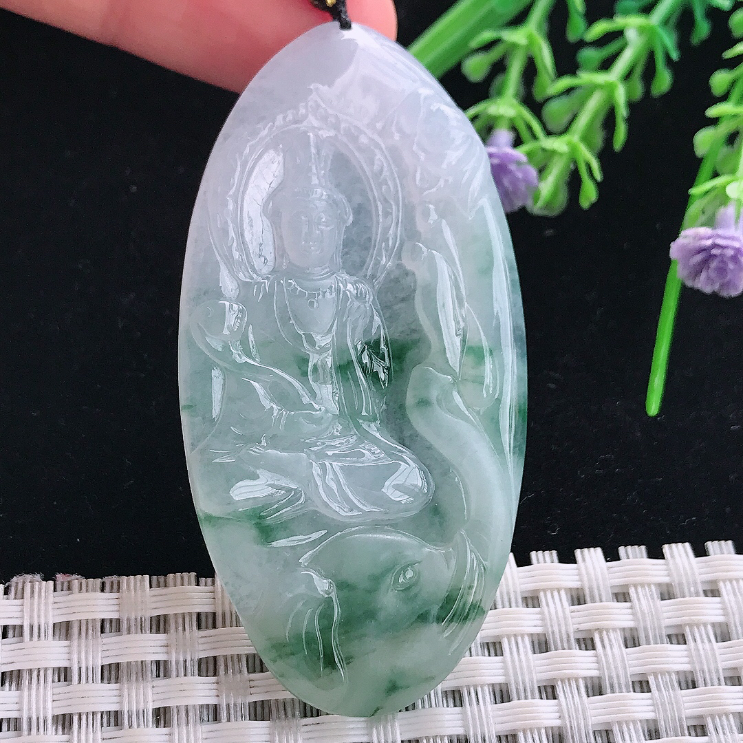 实拍A货翡翠60/30.8/5老坑冰胶冰飘花普贤菩萨吊坠翡翠玉挂件