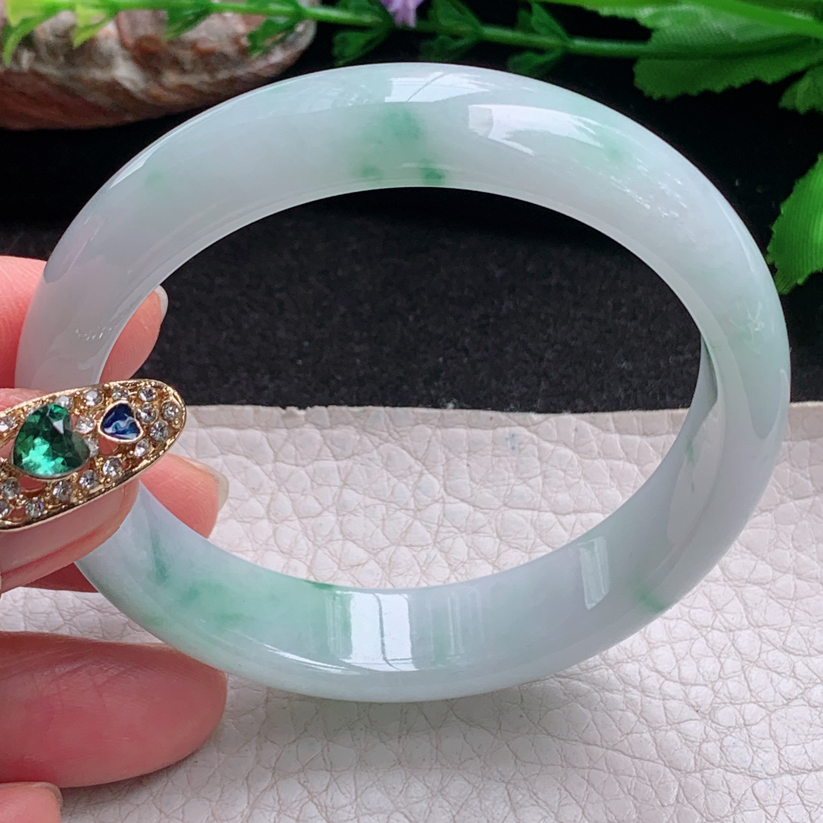 ee实拍55*13.5*7平安镯 天然缅甸翡翠a货手镯冰飘花正圈玉镯子