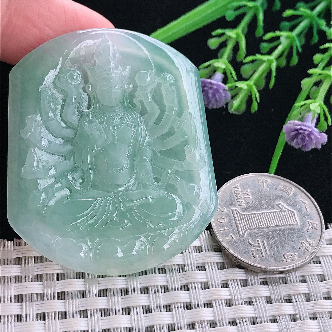 实拍A货翡翠51/43.5/5.3老坑冰晴满绿千手观音吊坠翡翠玉挂件