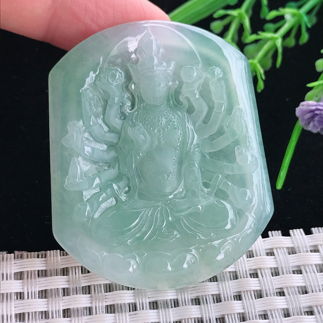 实拍A货翡翠51/43.5/5.3老坑冰晴满绿千手观音吊坠翡翠玉挂件