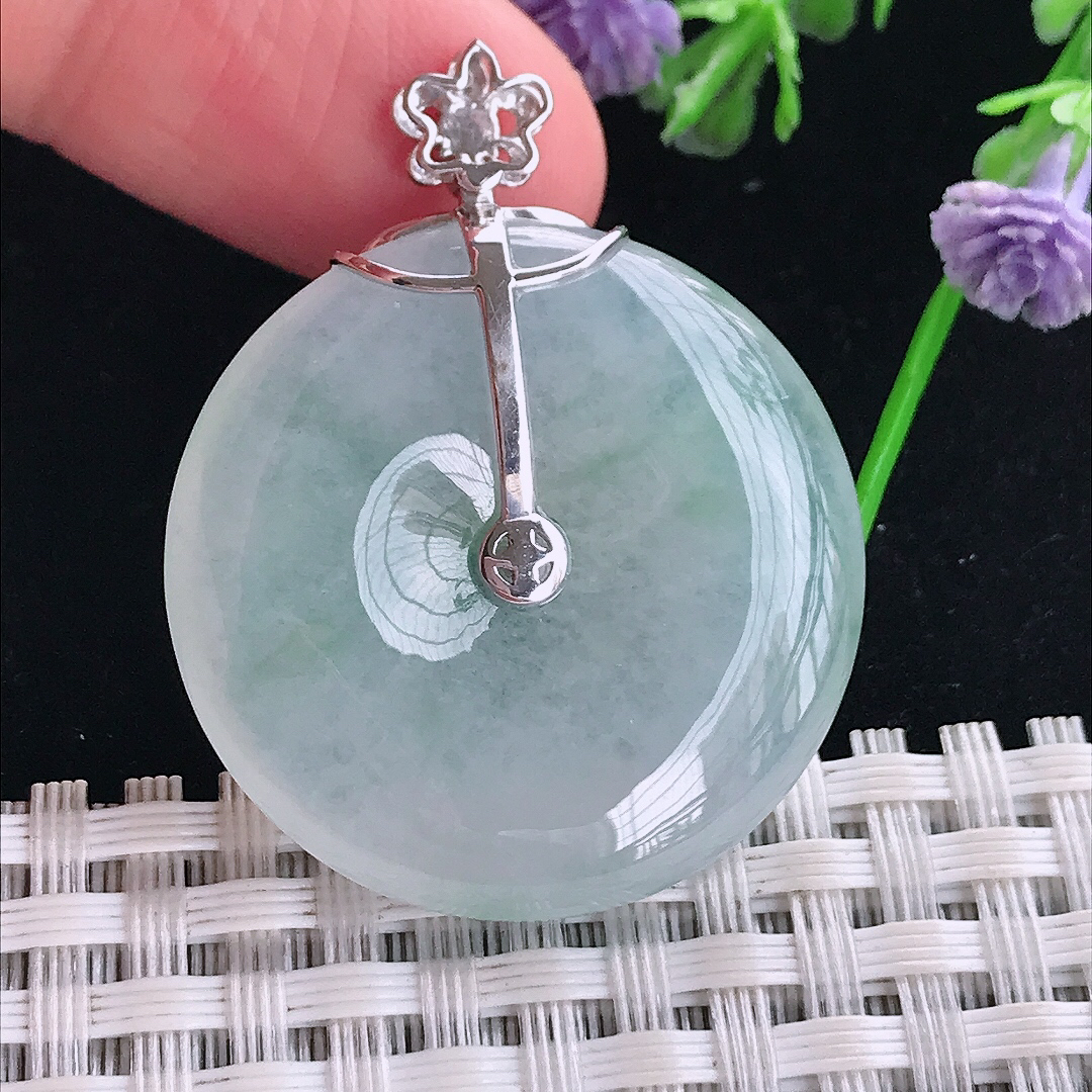 实拍A货翡翠30.8/6老坑18k金镶嵌冰飘花平安扣吊坠翡翠玉扣挂件