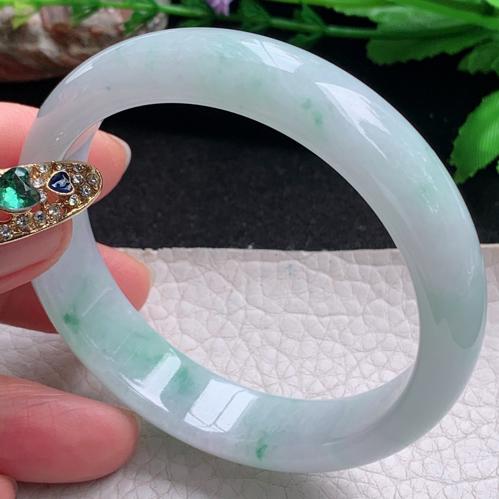 ee实拍55*13.5*7平安镯 天然缅甸翡翠a货手镯冰飘花正圈玉镯子