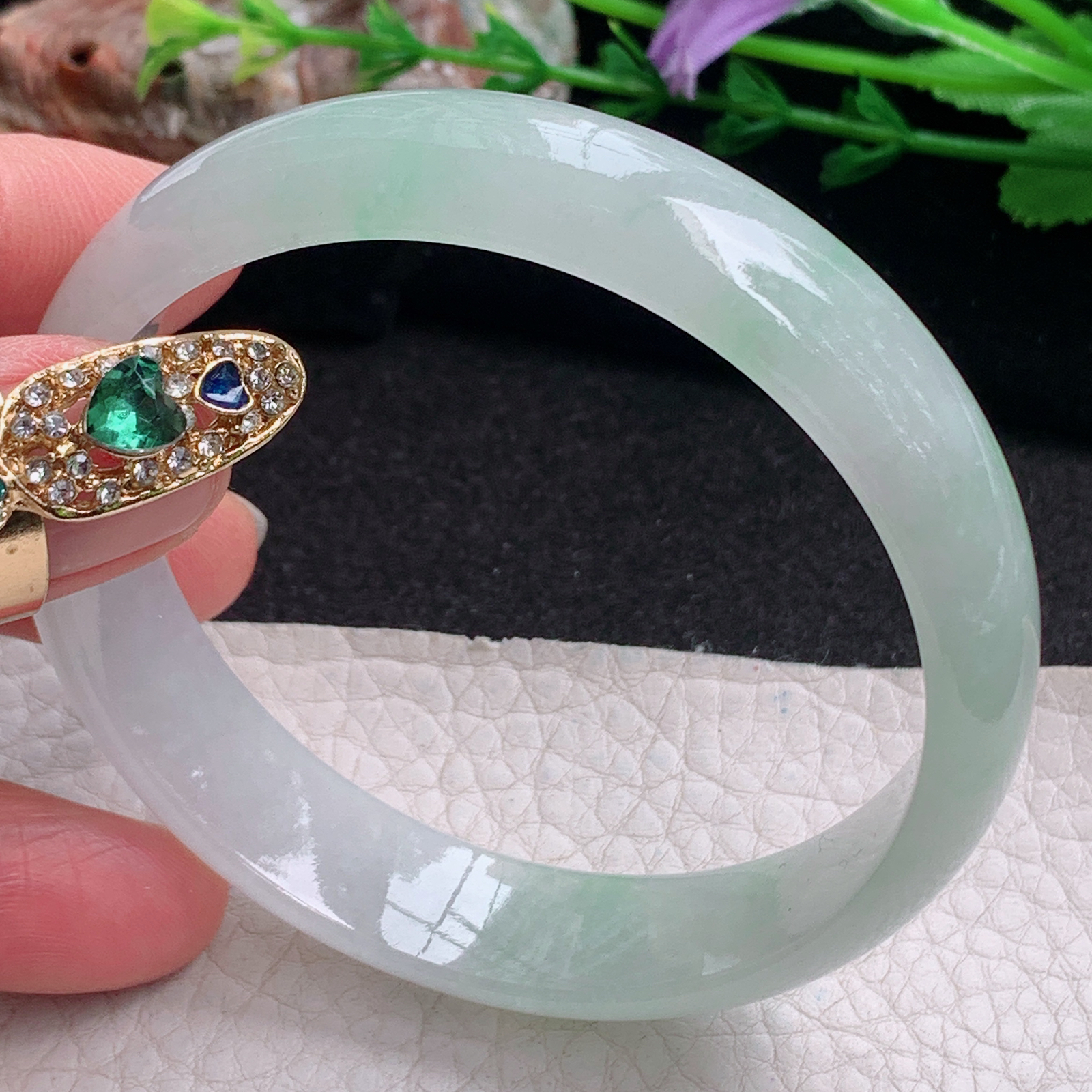 pj实拍58*14*6.5平安镯 天然缅甸翡翠a货手镯冰飘绿正圈玉镯子