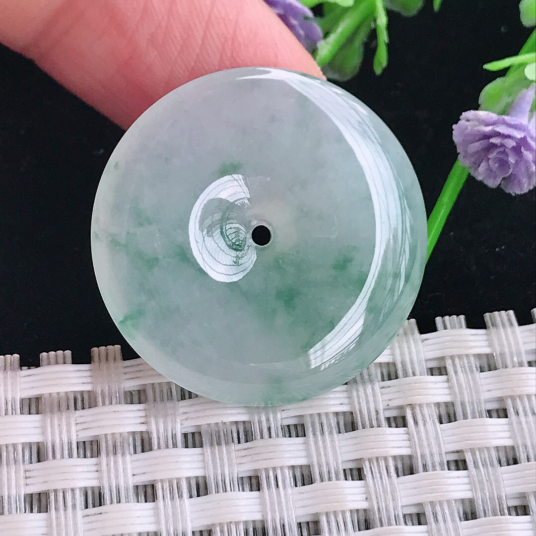 实拍A货翡翠27.2/5老坑冰胶水灵冰飘花平安扣吊坠翡翠玉扣挂件