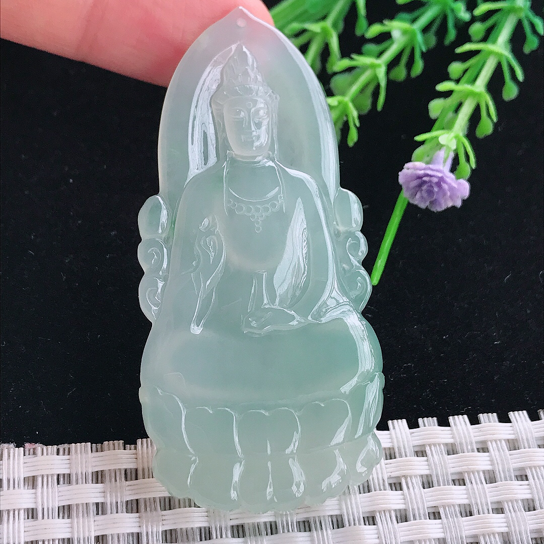 实拍A货翡翠65/30.8/5.3老坑冰胶冰晴绿素衣观音吊坠翡翠玉挂件
