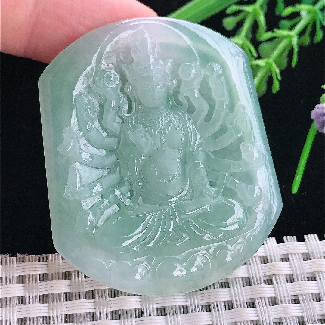 实拍A货翡翠51/43.5/5.3老坑冰晴满绿千手观音吊坠翡翠玉挂件