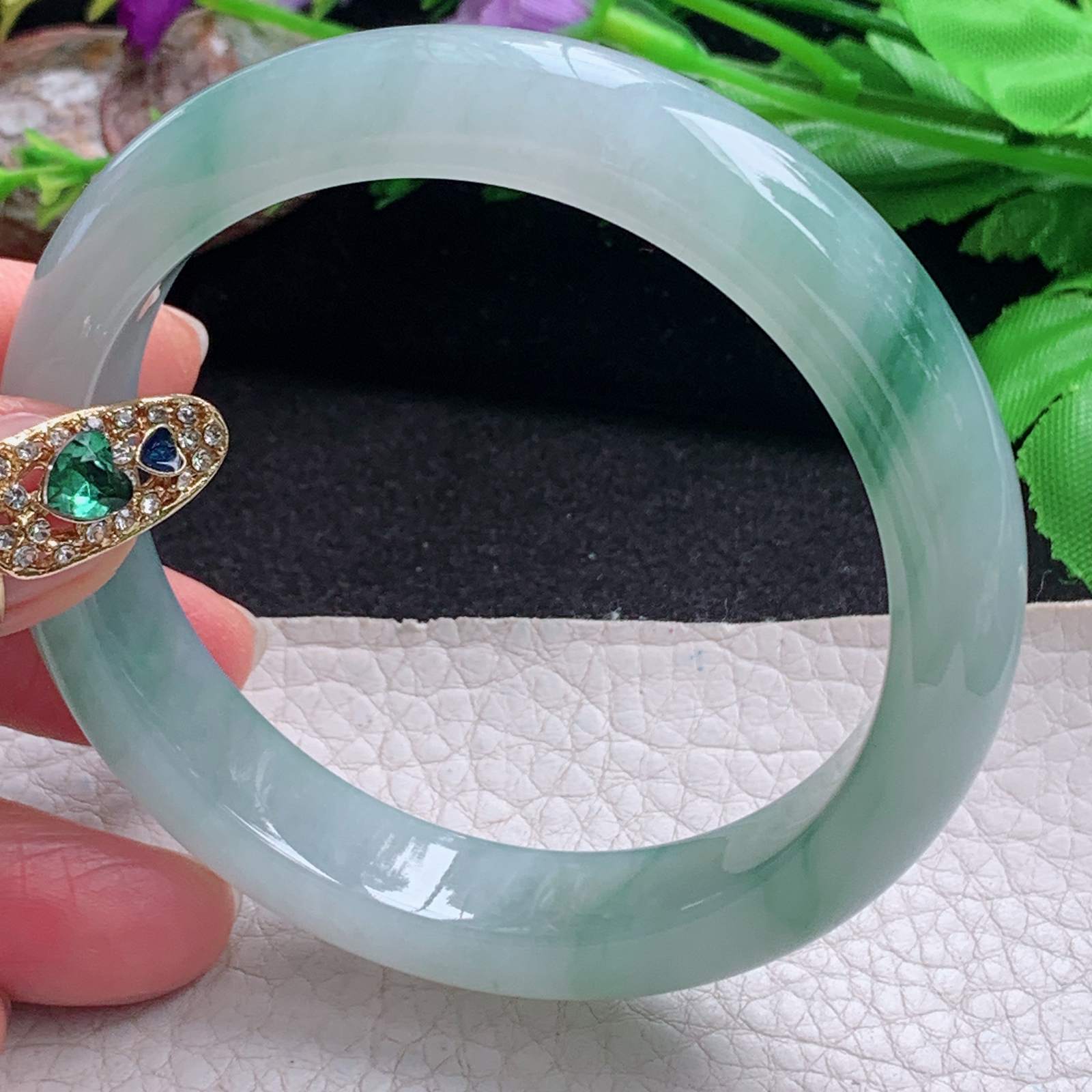 fx飘逸款58.5*12.3*8.2平安镯 天然缅甸翡翠a货手镯冰胶飘花正圈玉镯子