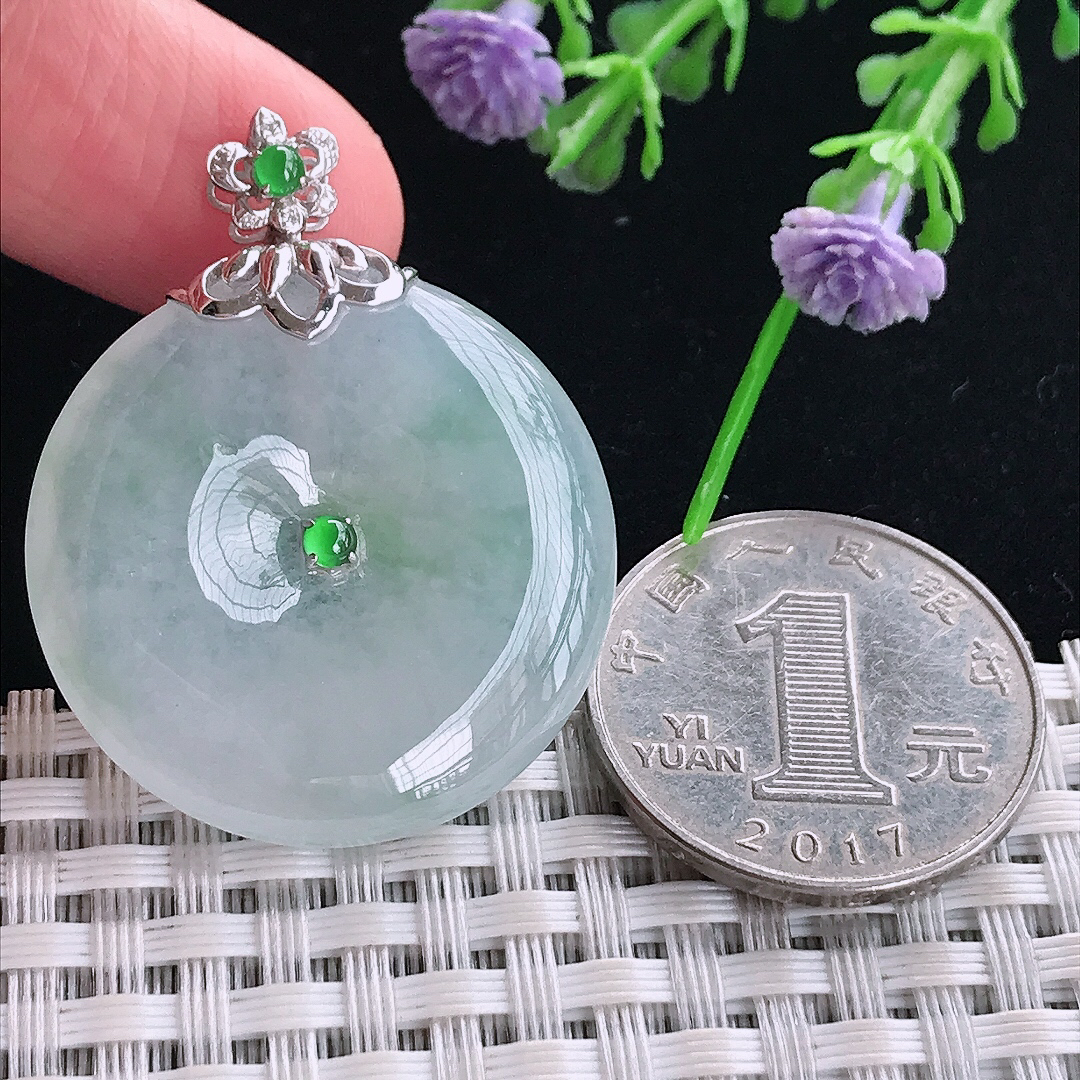 实拍A货翡翠30.8/6老坑18k金镶嵌冰飘花平安扣吊坠翡翠玉扣挂件