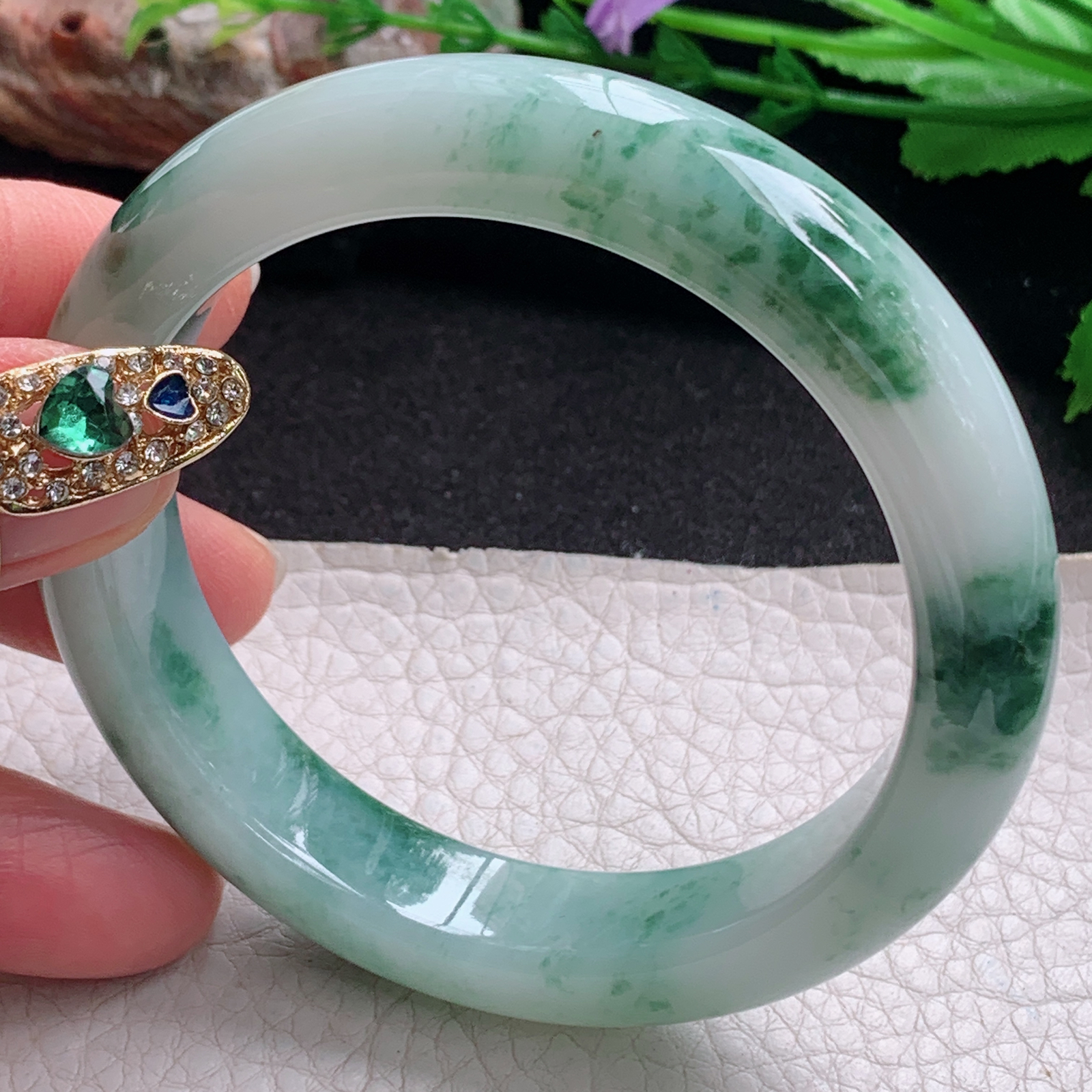 ym实拍57*12.6*8.8平安镯 天然缅甸翡翠a货手镯冰飘花正圈玉镯子