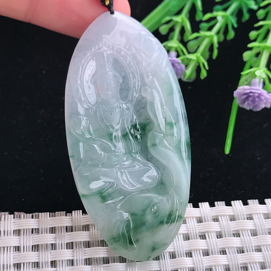 实拍A货翡翠60/30.8/5老坑冰胶冰飘花普贤菩萨吊坠翡翠玉挂件