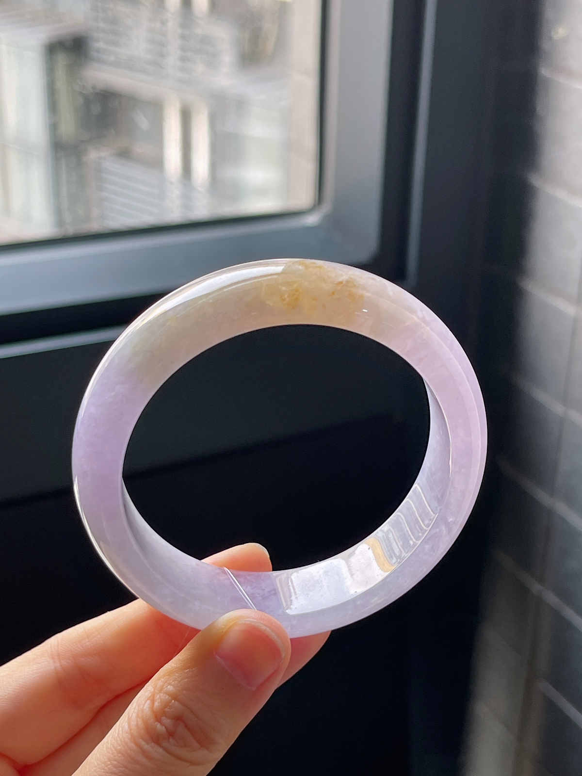 正圈55.7圈口，翡翠冰糯种紫底飘黄翡手镯