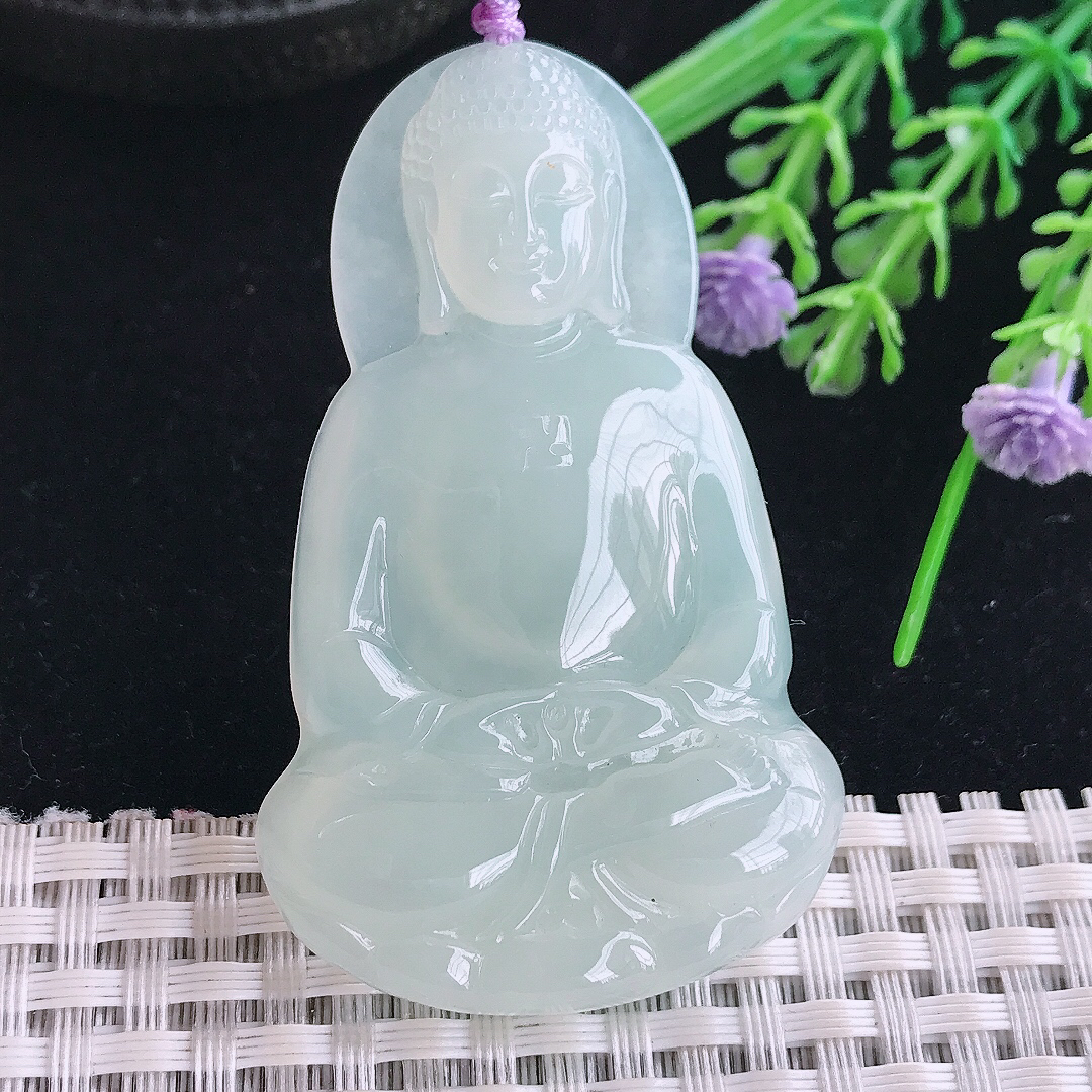 实拍A货翡翠58.5/36/5.8老坑冰纯起胶冰晴大日如来佛祖吊坠翡翠玉挂件